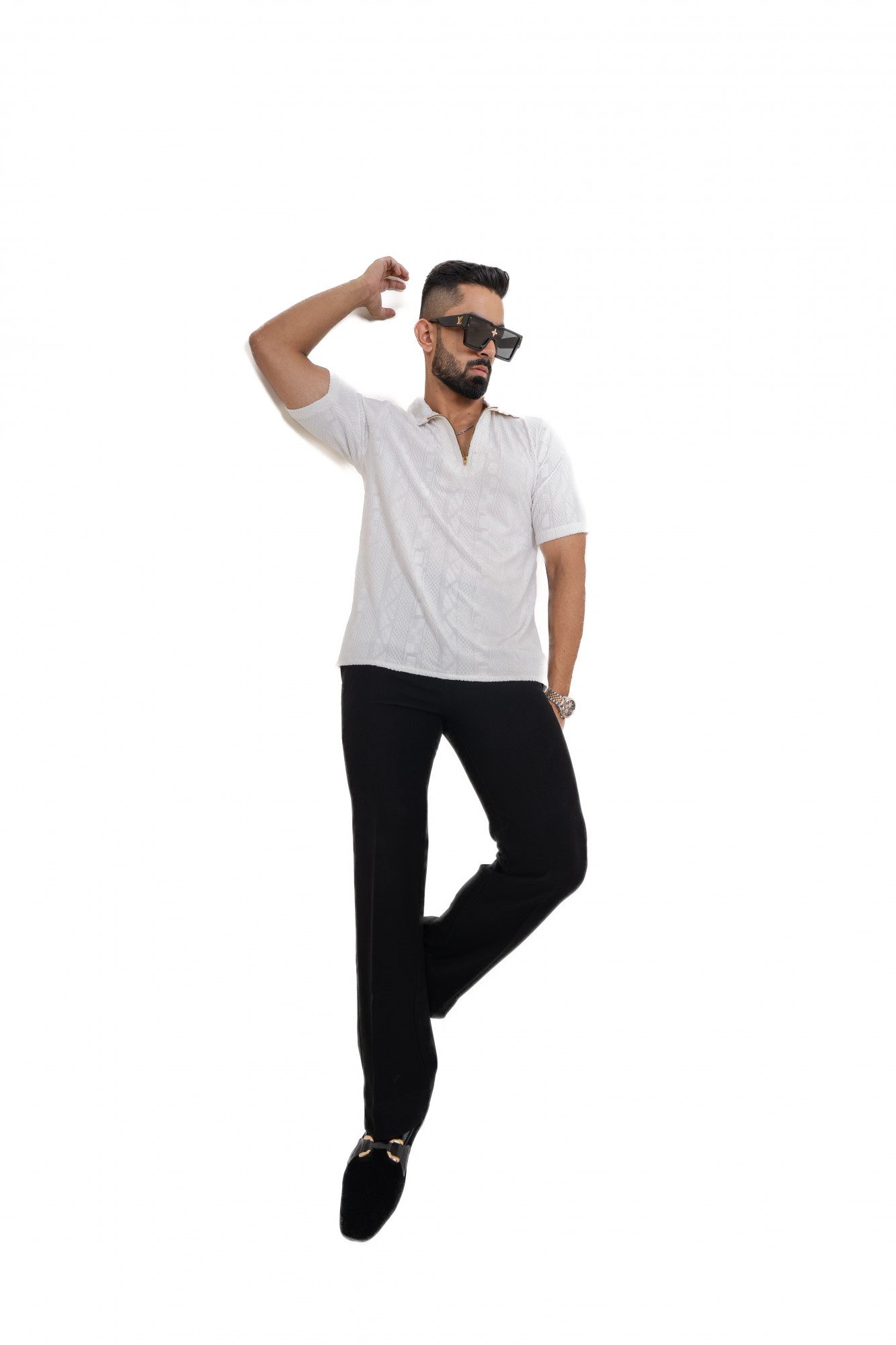 Textured Polo Zipper In White