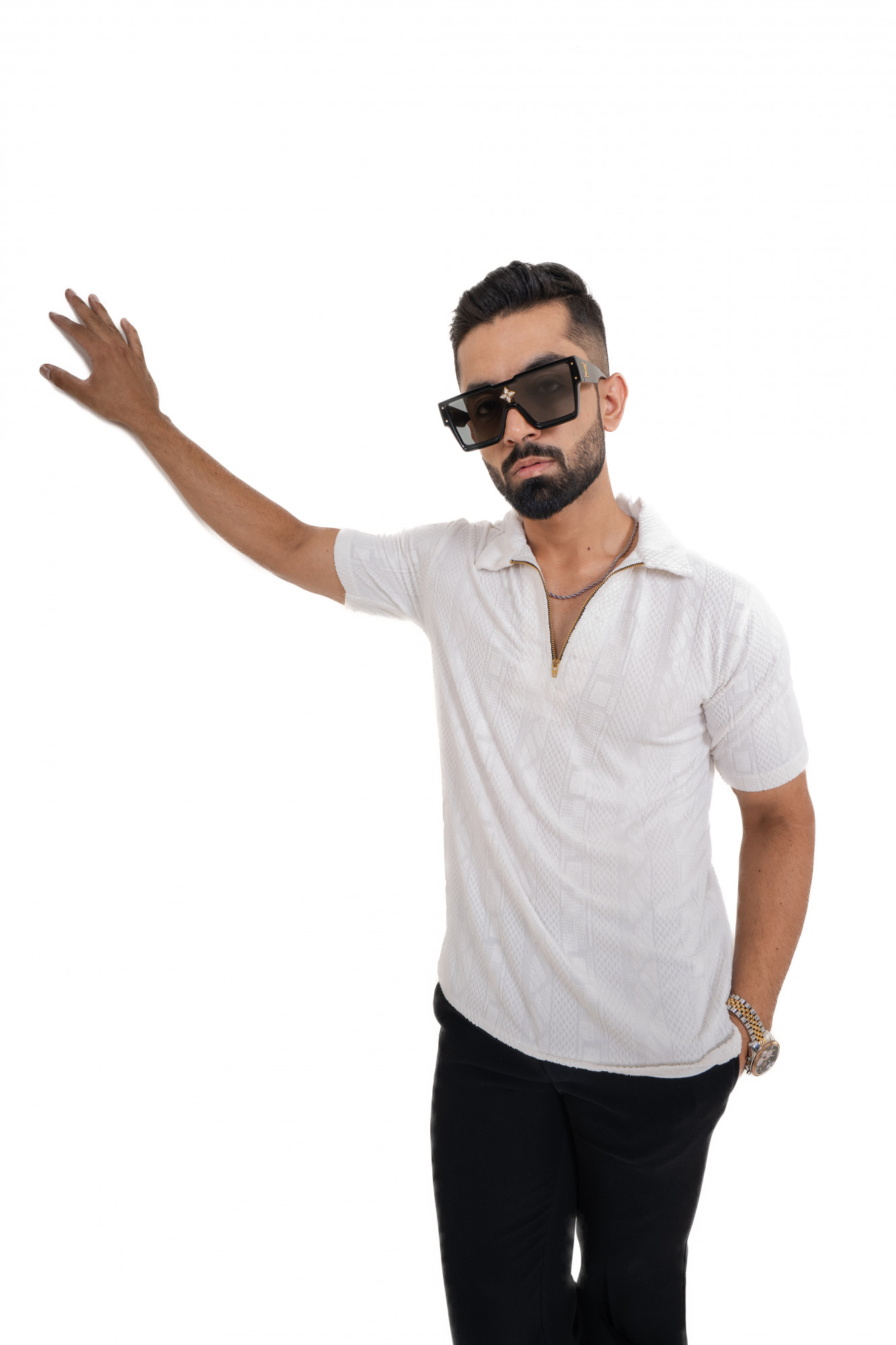 Textured Polo Zipper In White