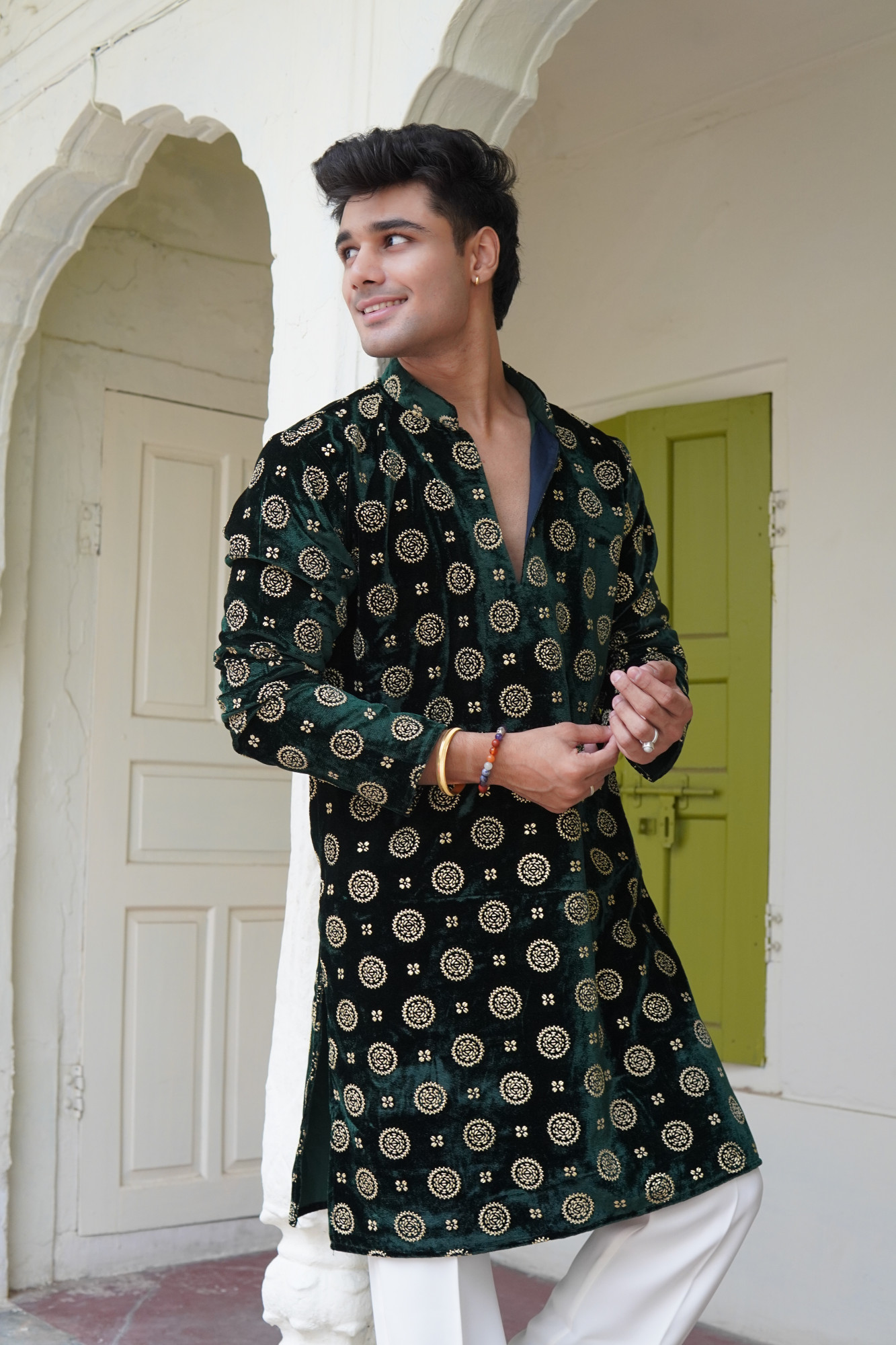 Green Velvet Foil Work Kurta