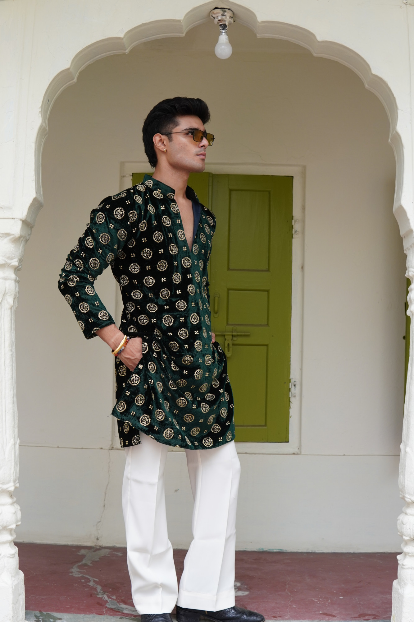 Green Velvet Foil Work Kurta