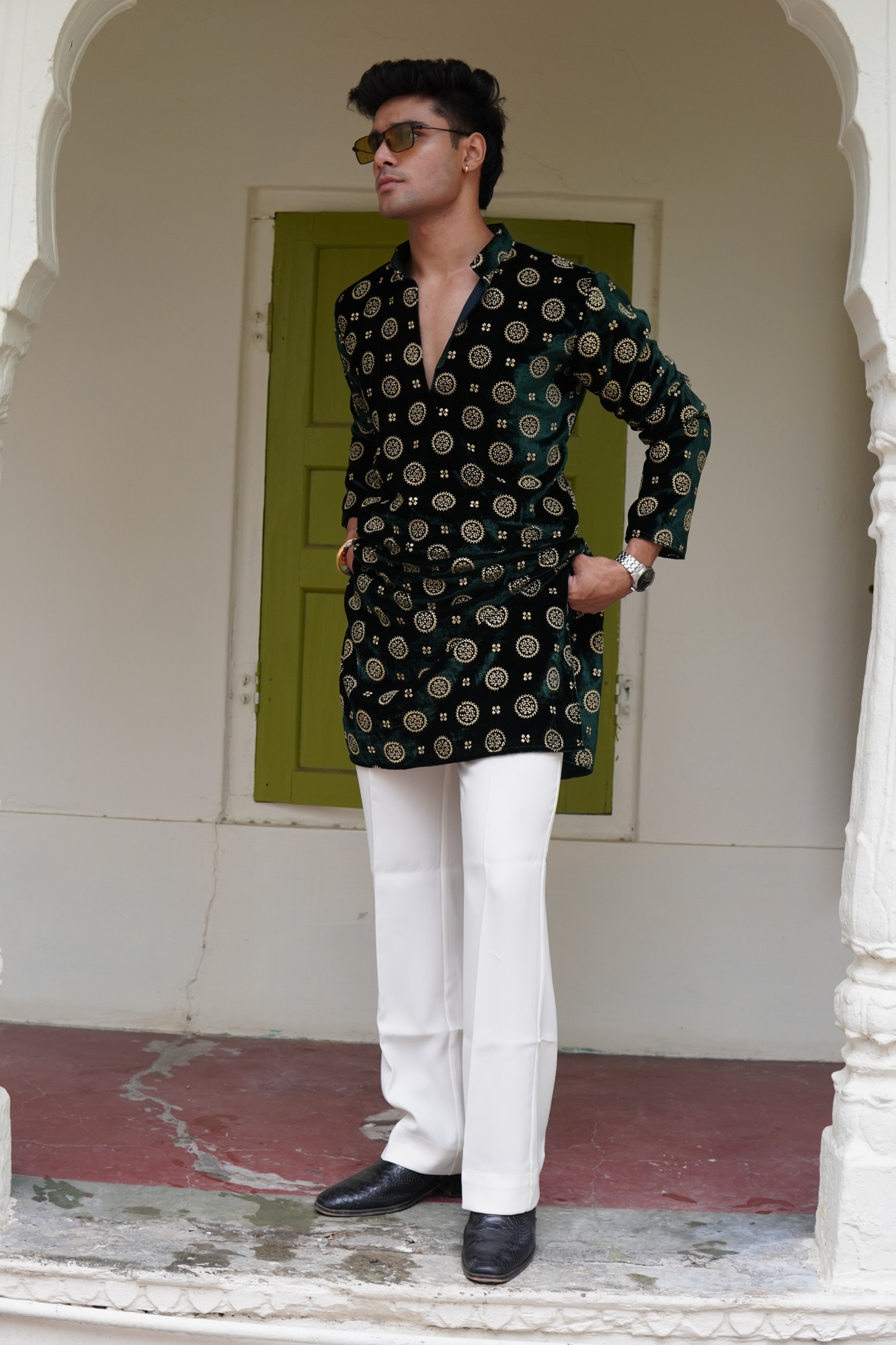 Green Velvet Foil Work Kurta