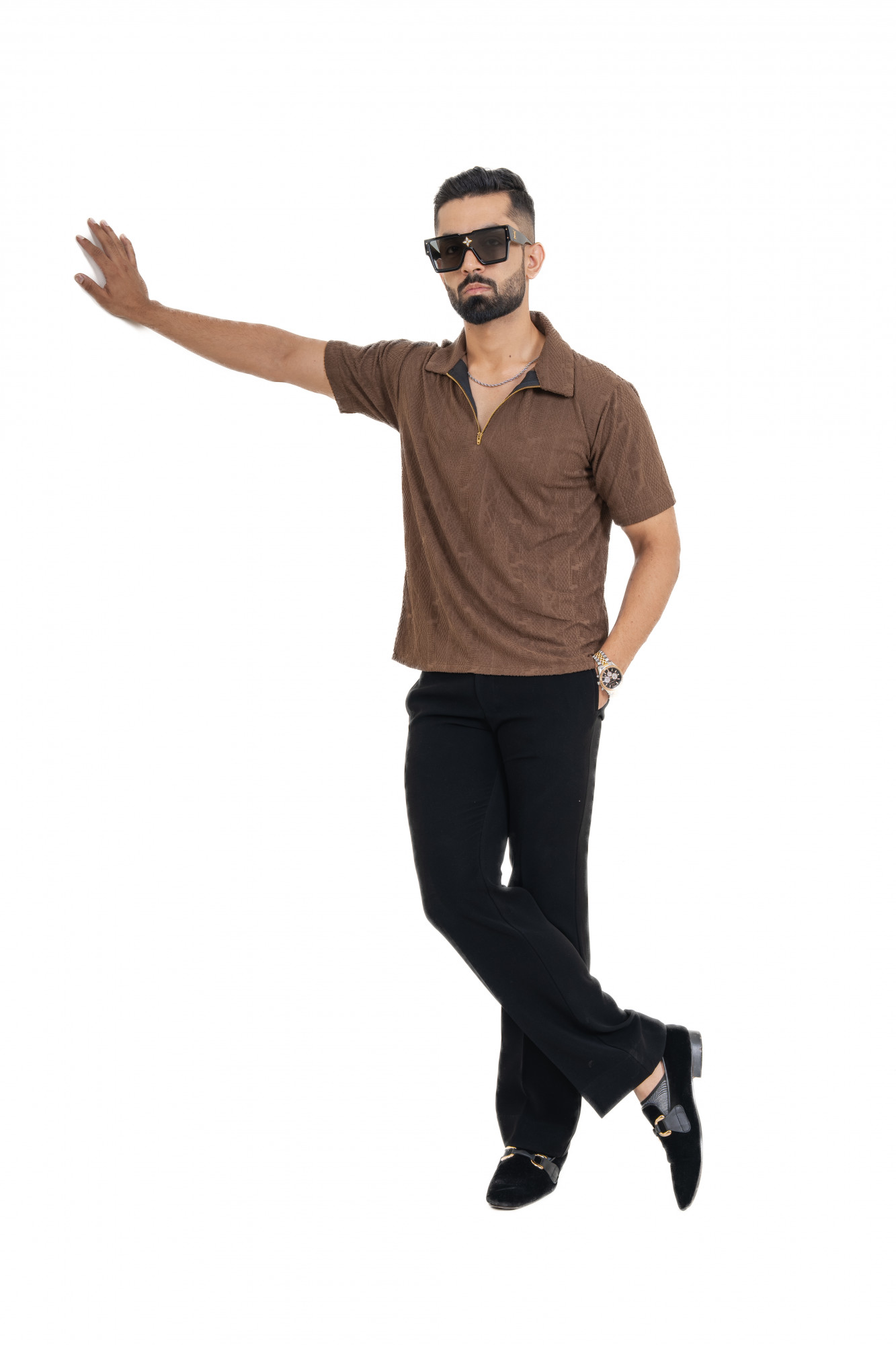 Textured Polo Zipper In Brown