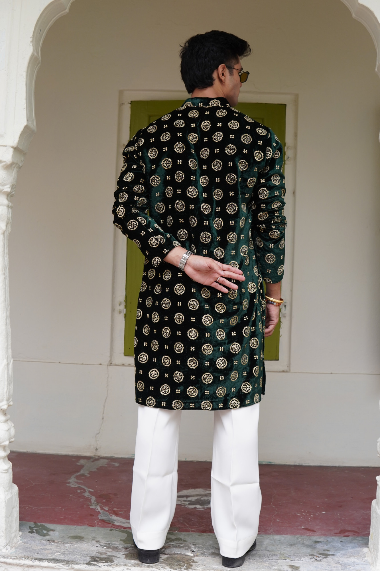 Green Velvet Foil Work Kurta