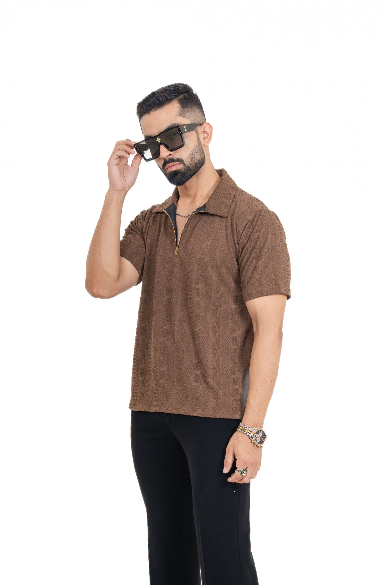 Textured Polo Zipper In Brown