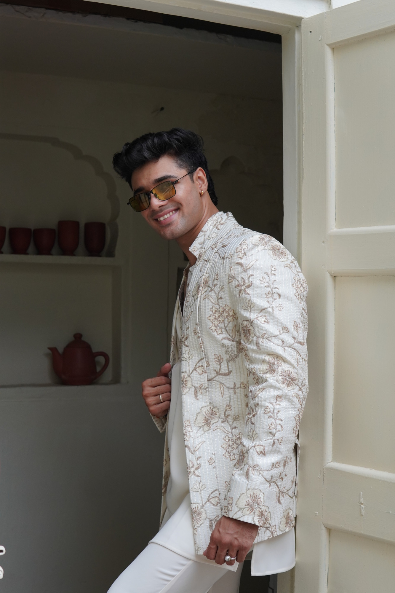 Lapelled Open Bandhgala In Off White