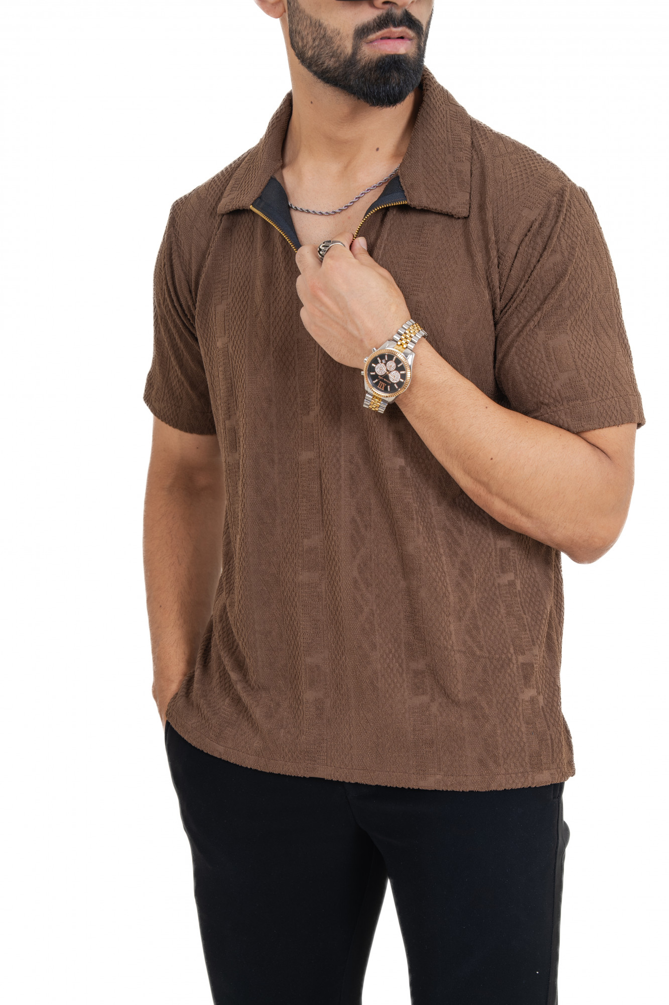 Textured Polo Zipper In Brown