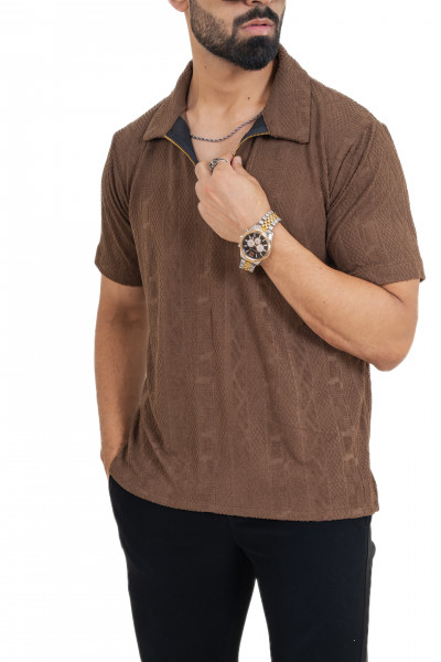 Textured Polo Zipper In Brown