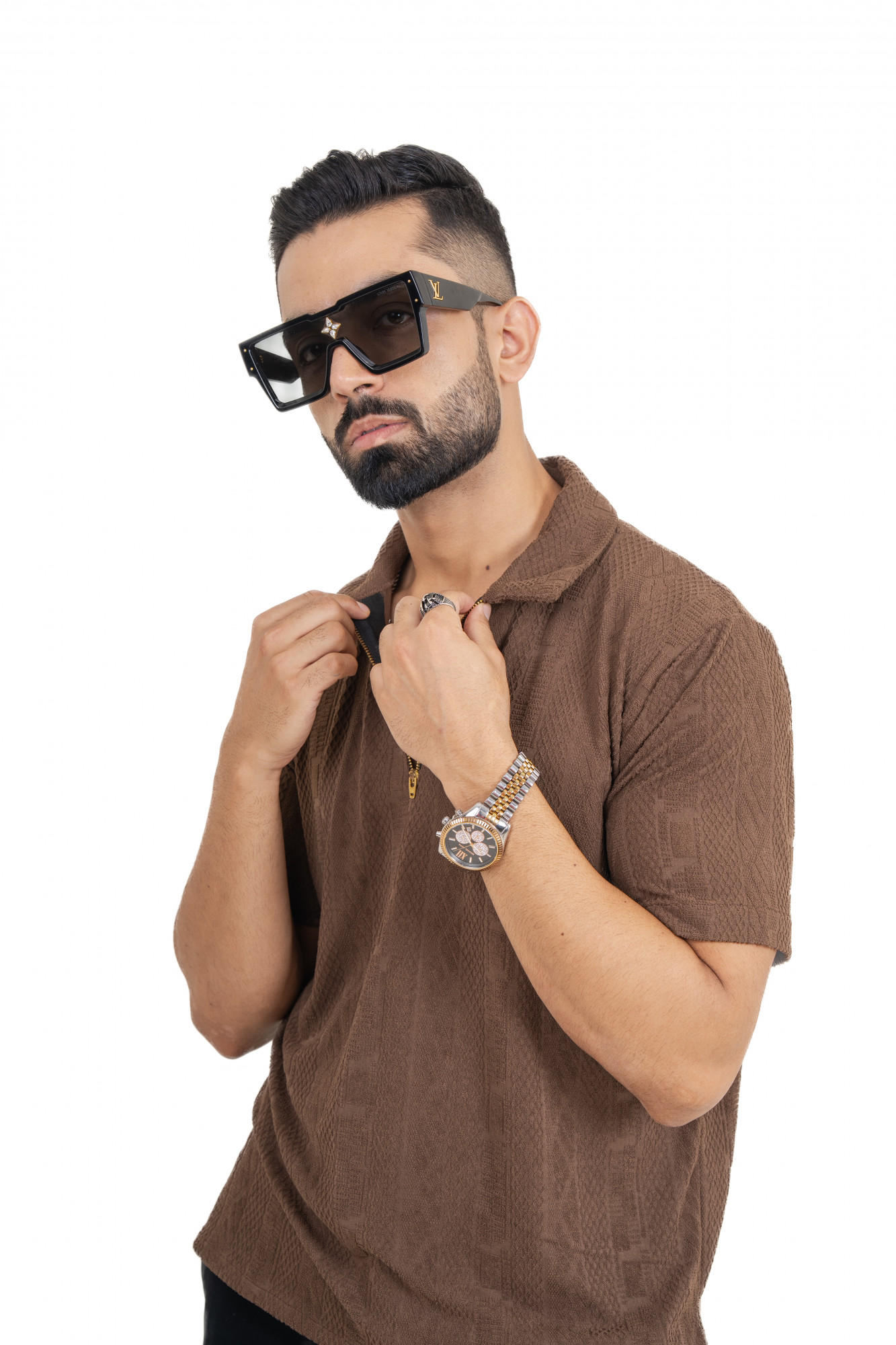 Textured Polo Zipper In Brown