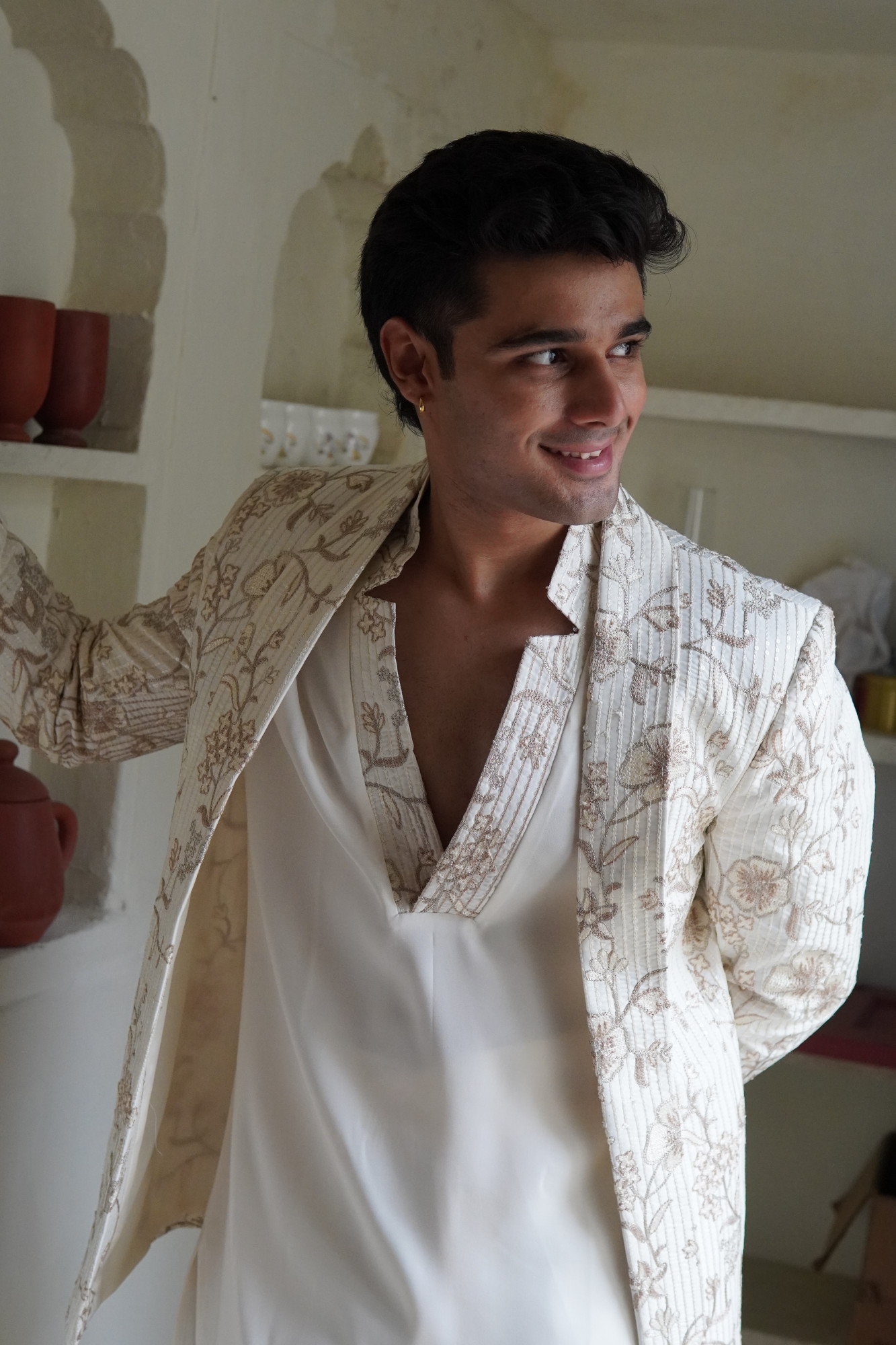 Off White Laced Japanese Cut Neck Kurta