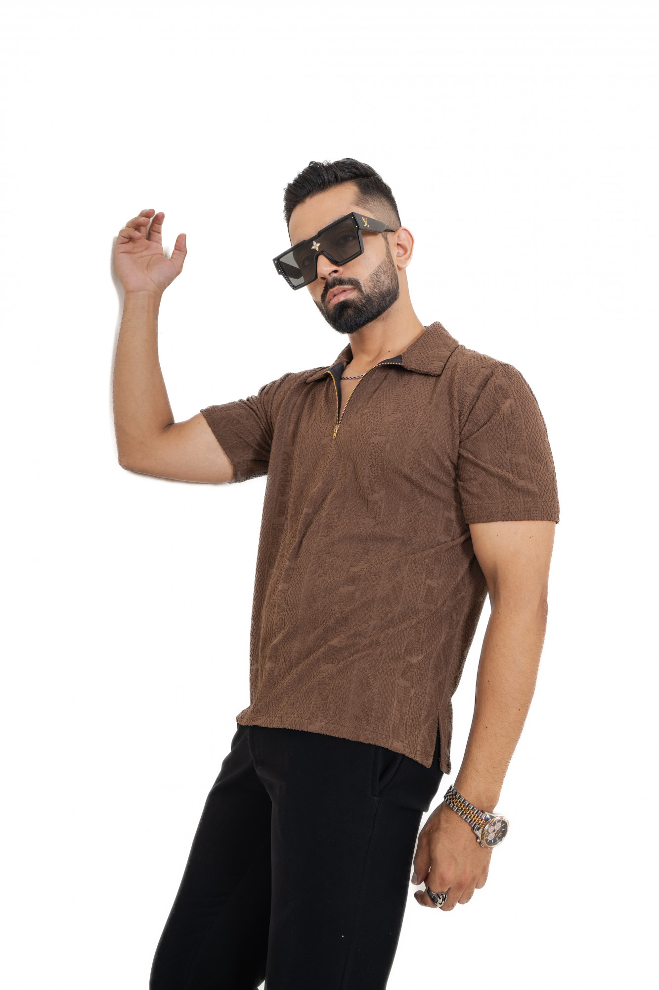 Textured Polo Zipper In Brown