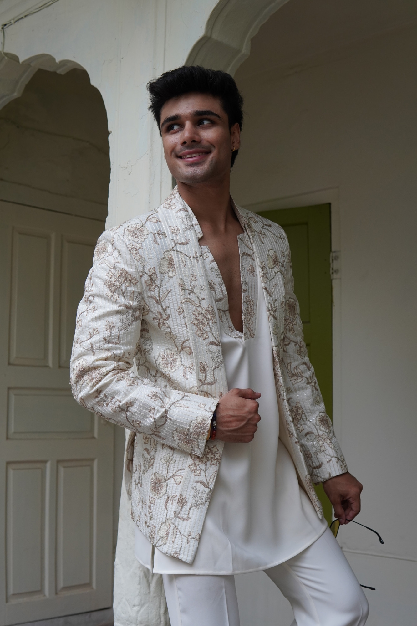 Lapelled Open Bandhgala In Off White