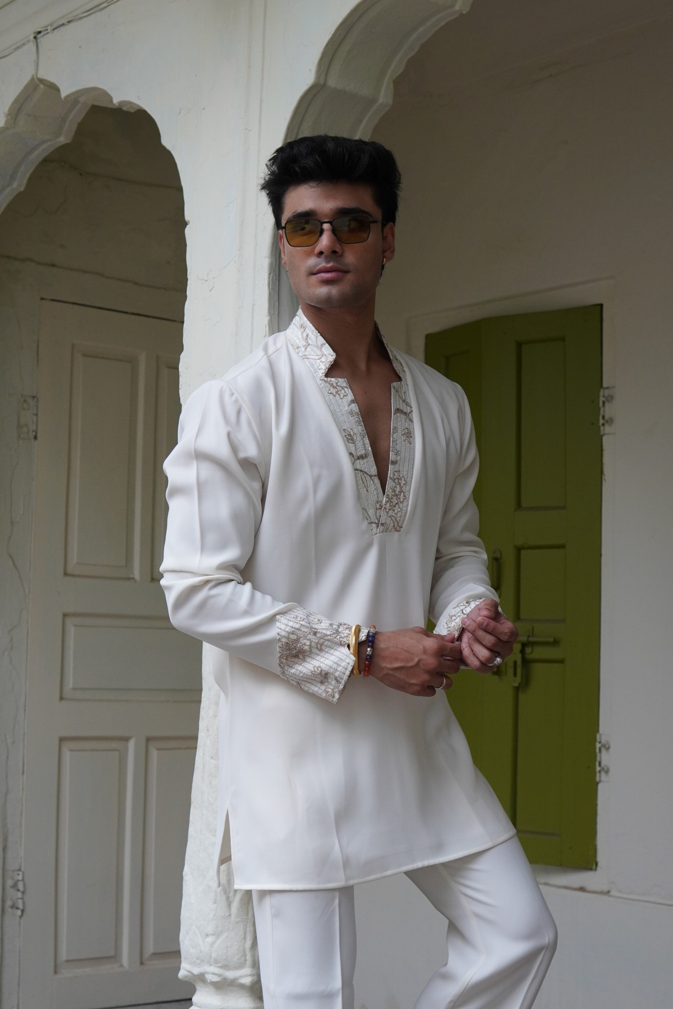 Off White Laced Japanese Cut Neck Kurta