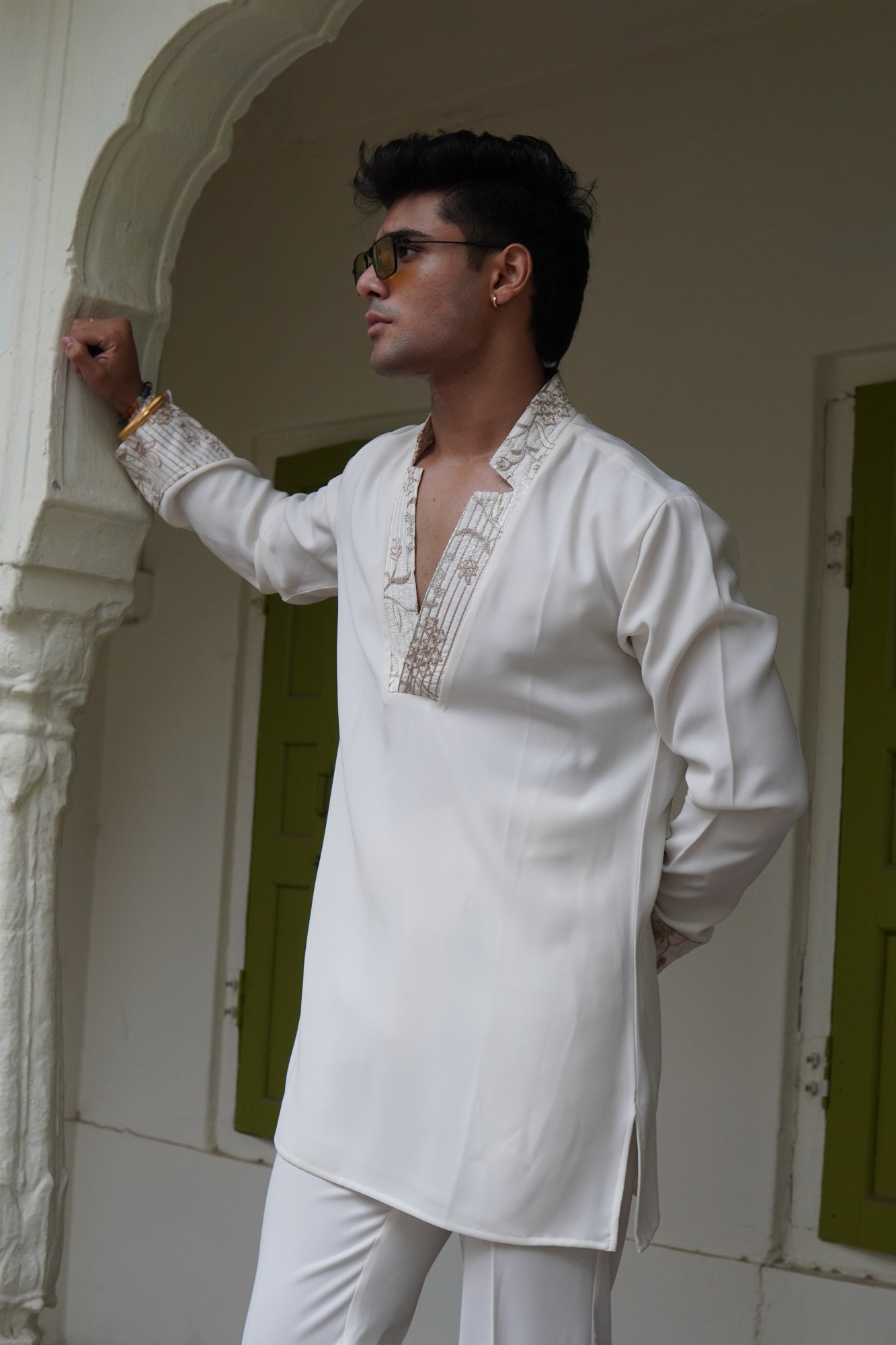 Off White Laced Japanese Cut Neck Kurta