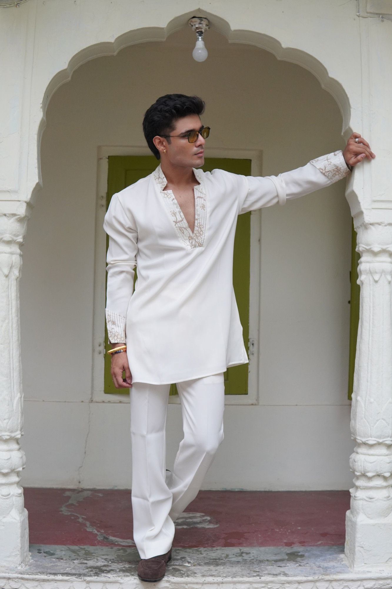 Off White Laced Japanese Cut Neck Kurta