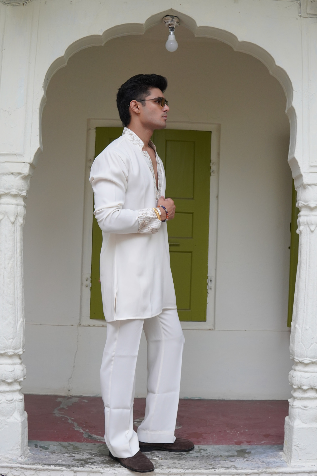 Off White Laced Japanese Cut Neck Kurta