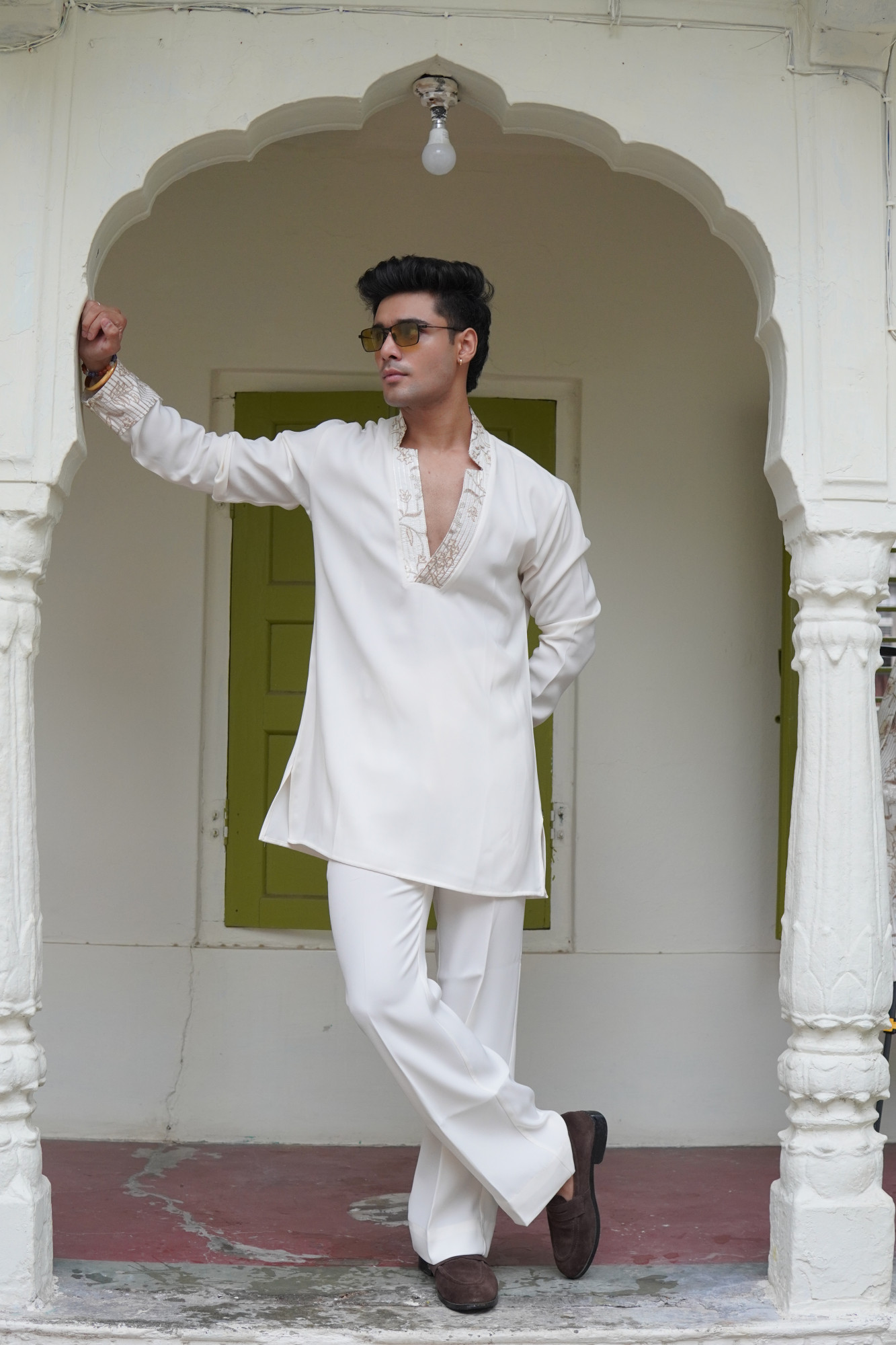 Off White Laced Japanese Cut Neck Kurta