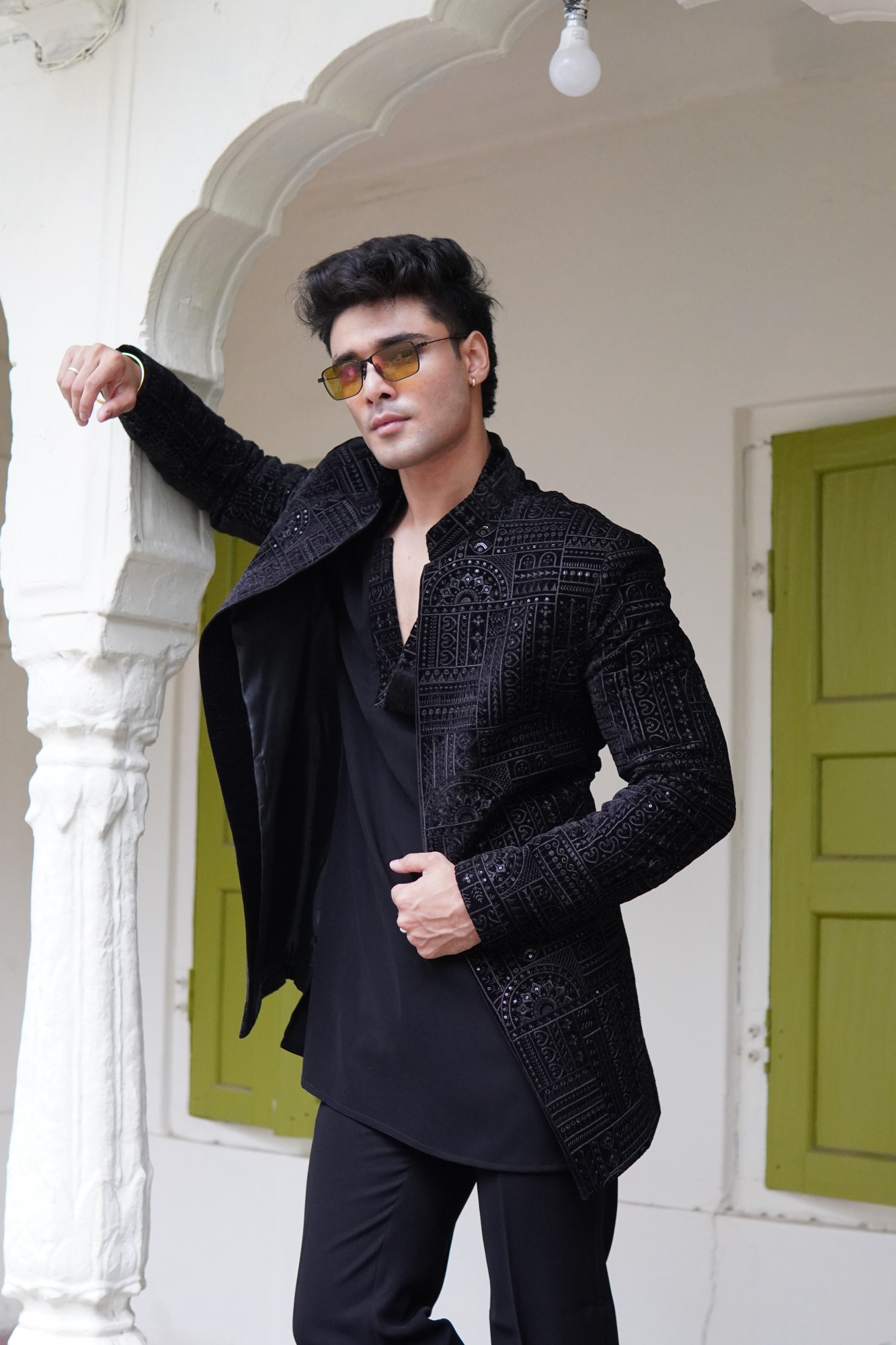 Black Velvet Embroidered Open Bandhgala