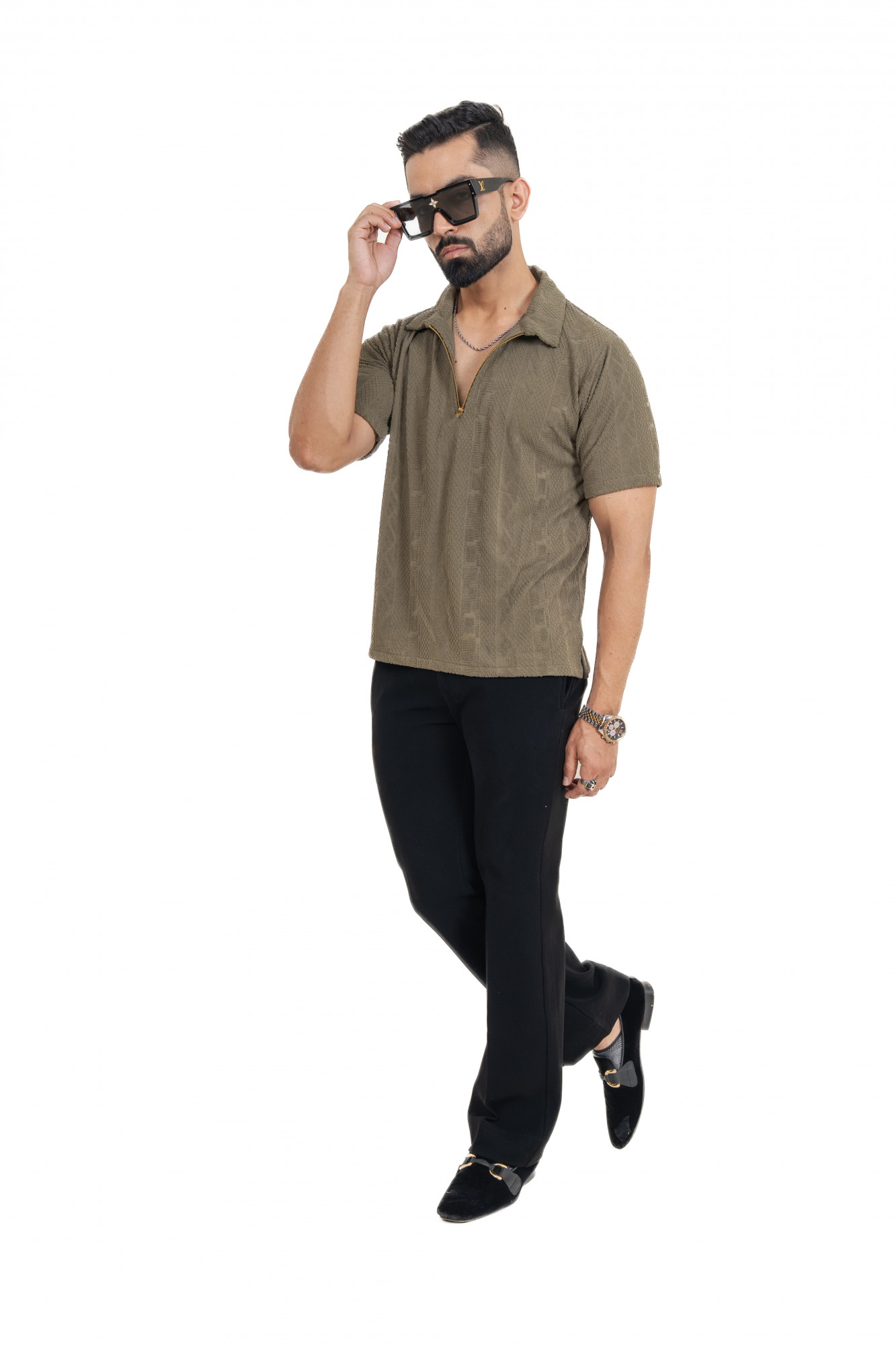 Textured Polo Zipper In Olive