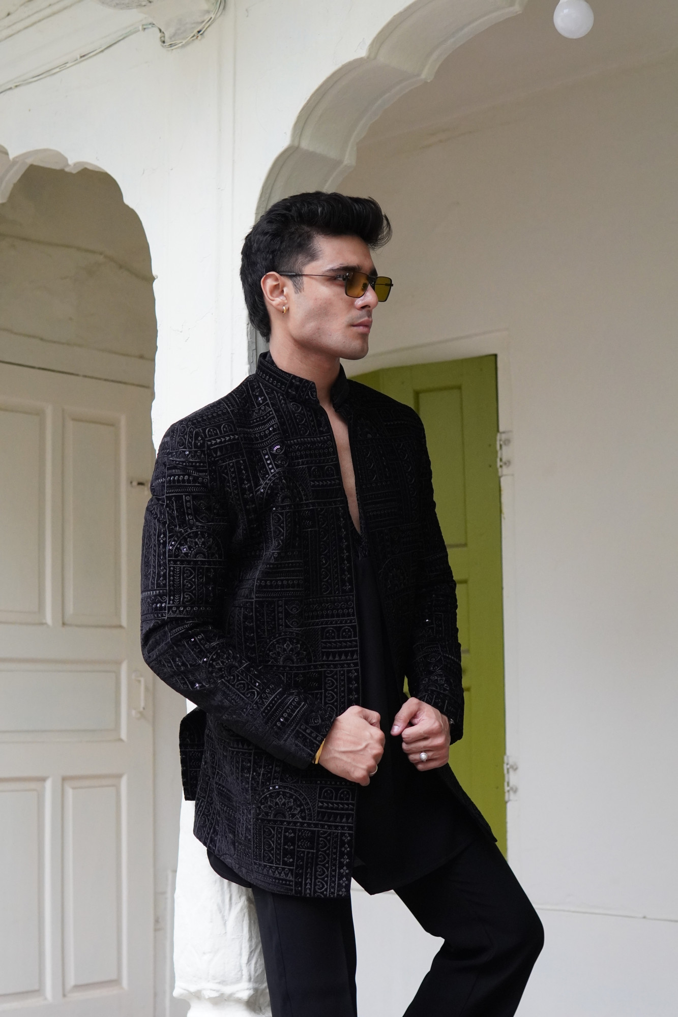 Black Velvet Embroidered Open Bandhgala