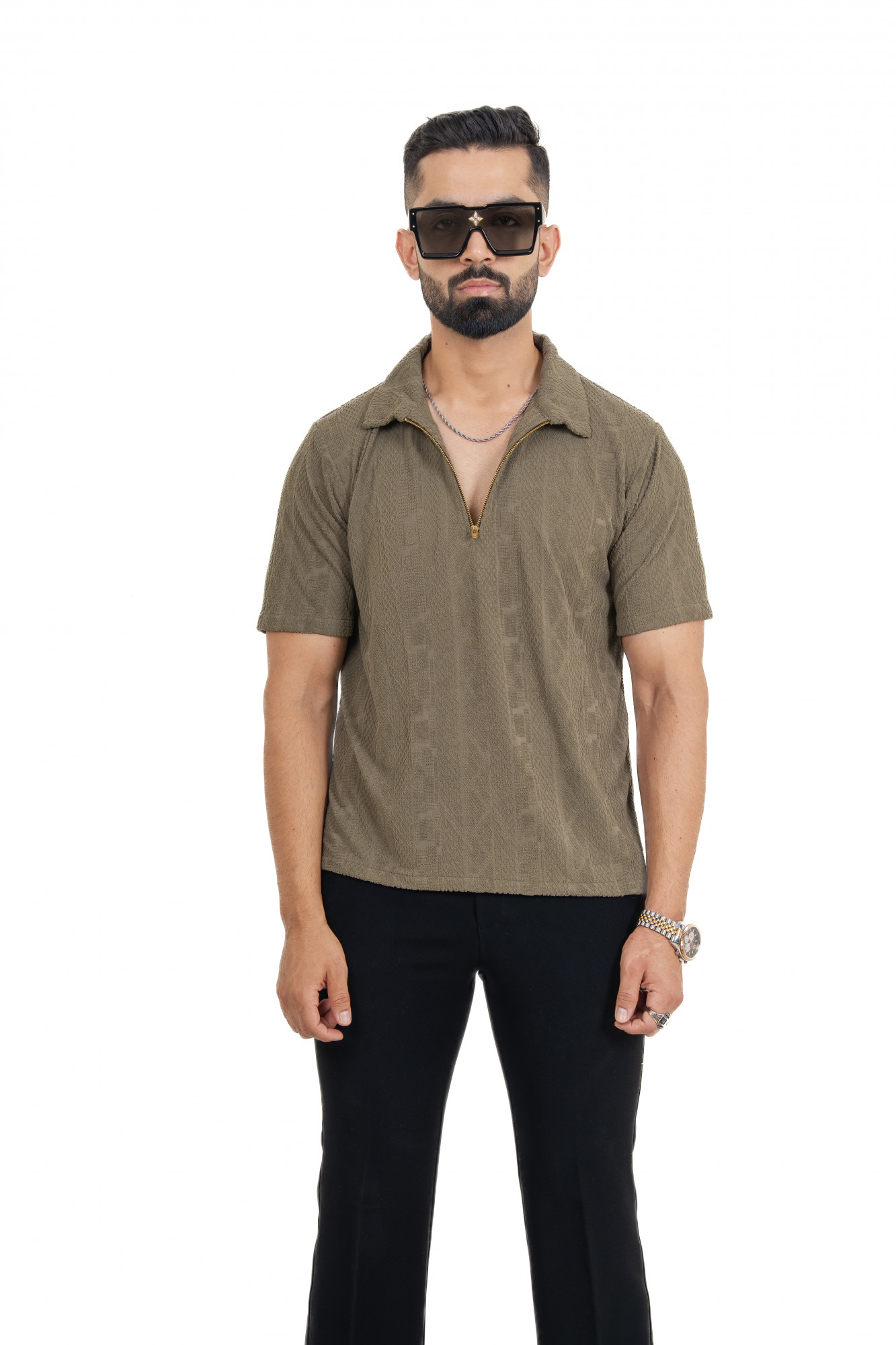 Textured Polo Zipper In Olive