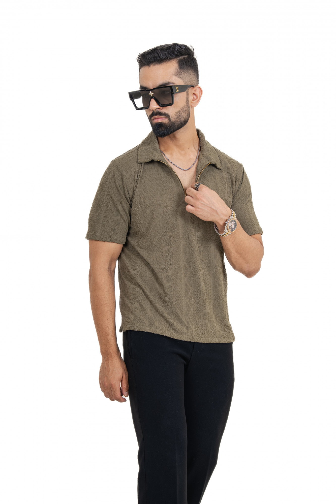 Textured Polo Zipper In Olive