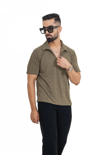 Textured Polo Zipper In Olive