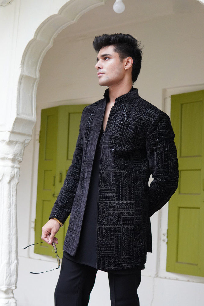 Image of Black Velvet Embroidered Open Bandhgala