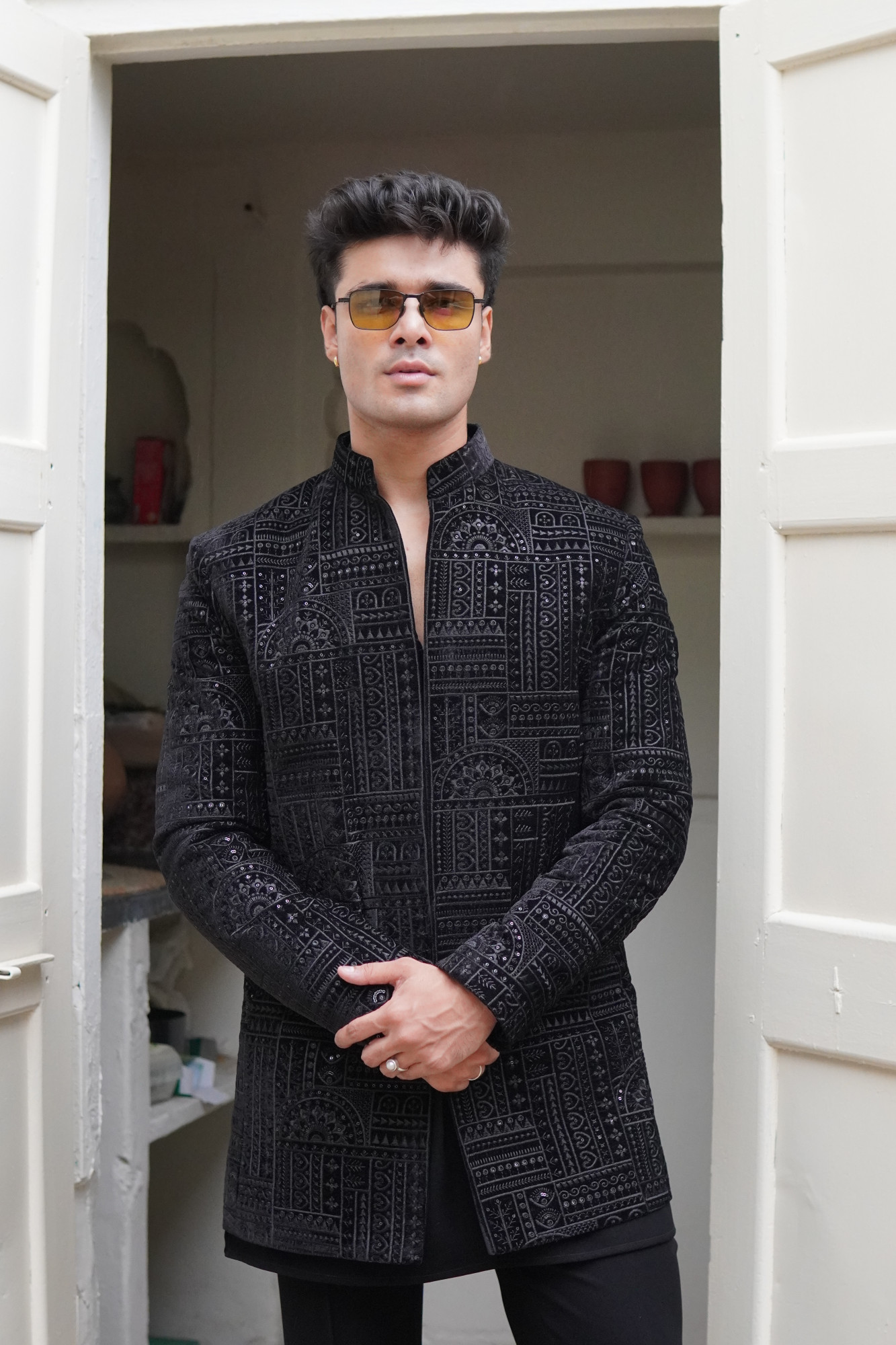 Black Velvet Embroidered Open Bandhgala