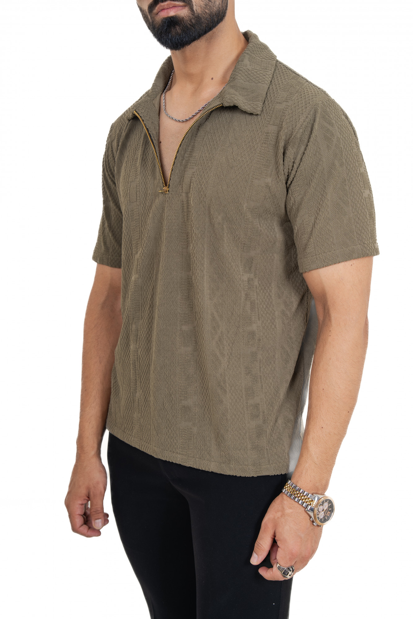 Textured Polo Zipper In Olive