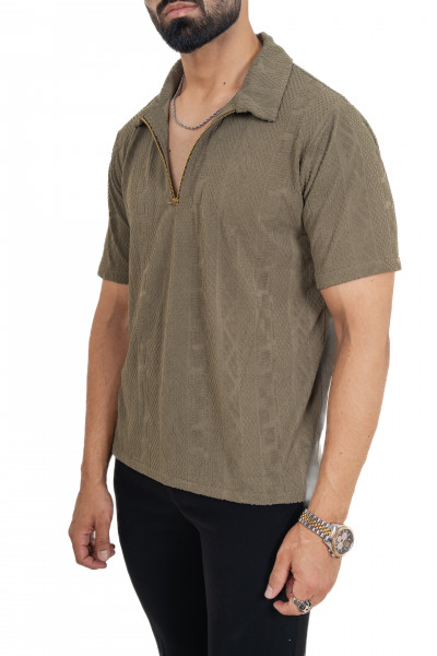 Textured Polo Zipper In Olive