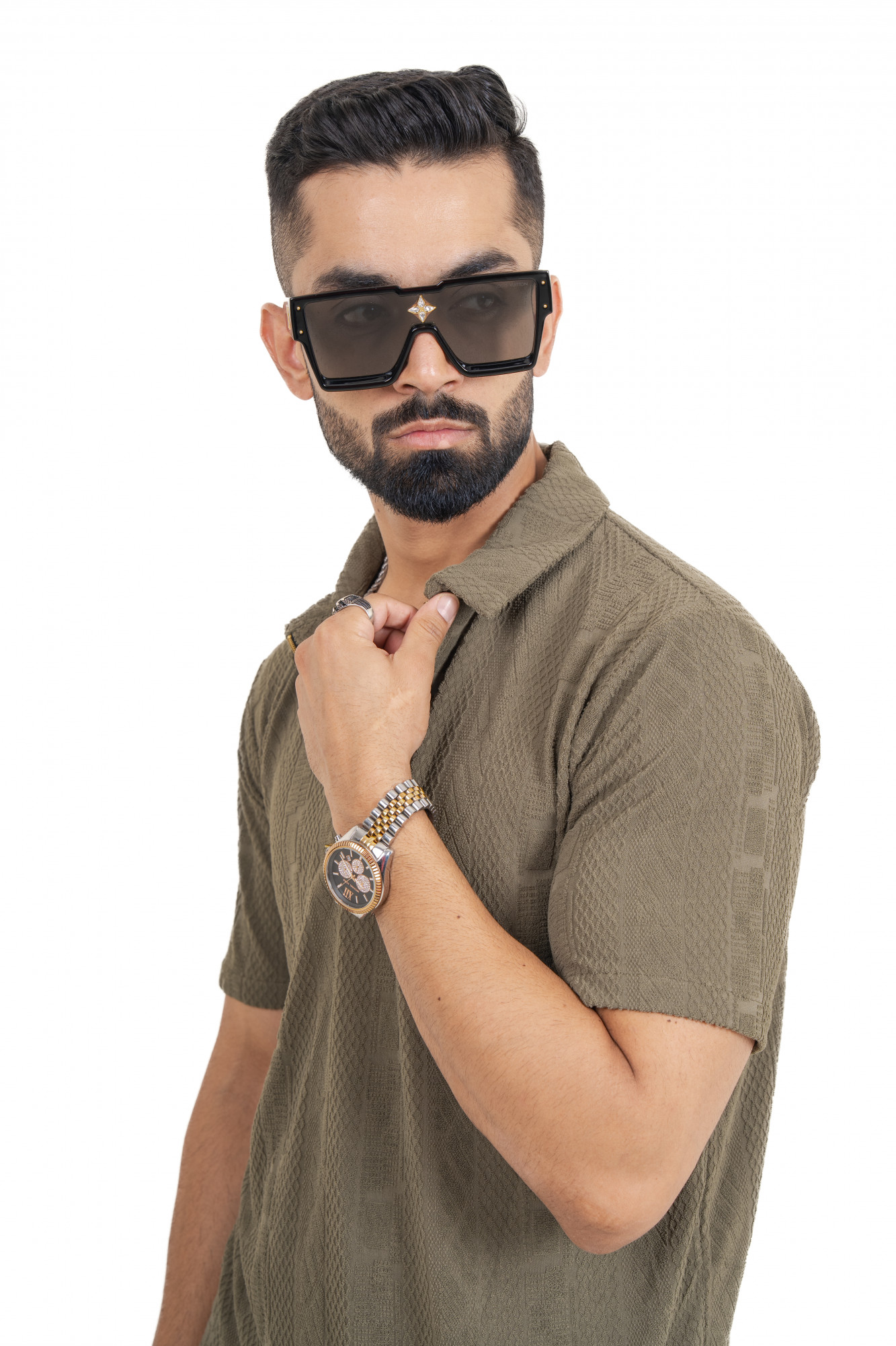 Textured Polo Zipper In Olive