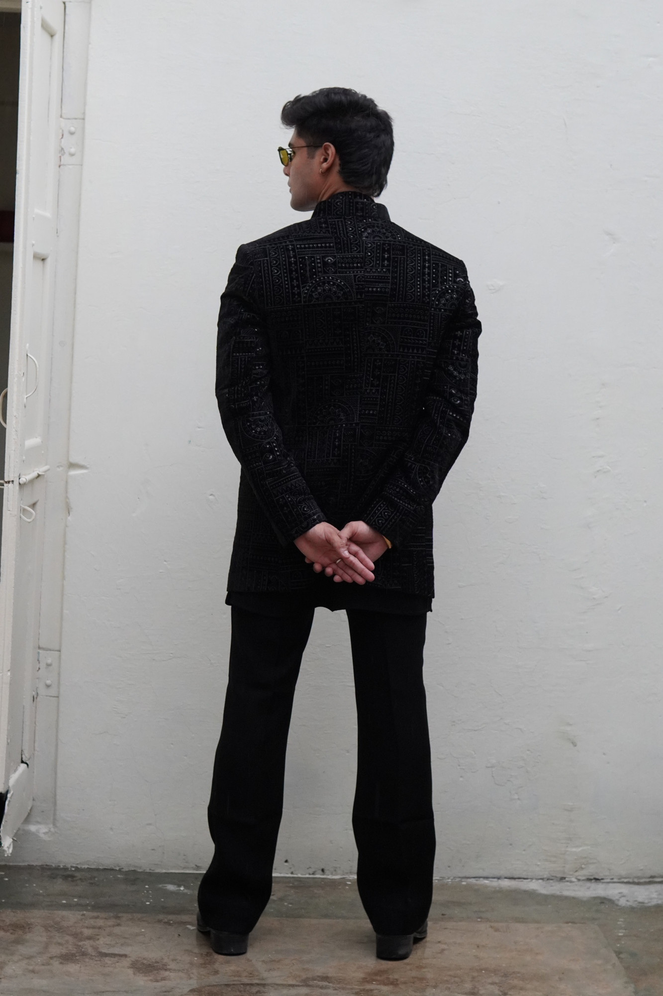 Black Velvet Embroidered Open Bandhgala