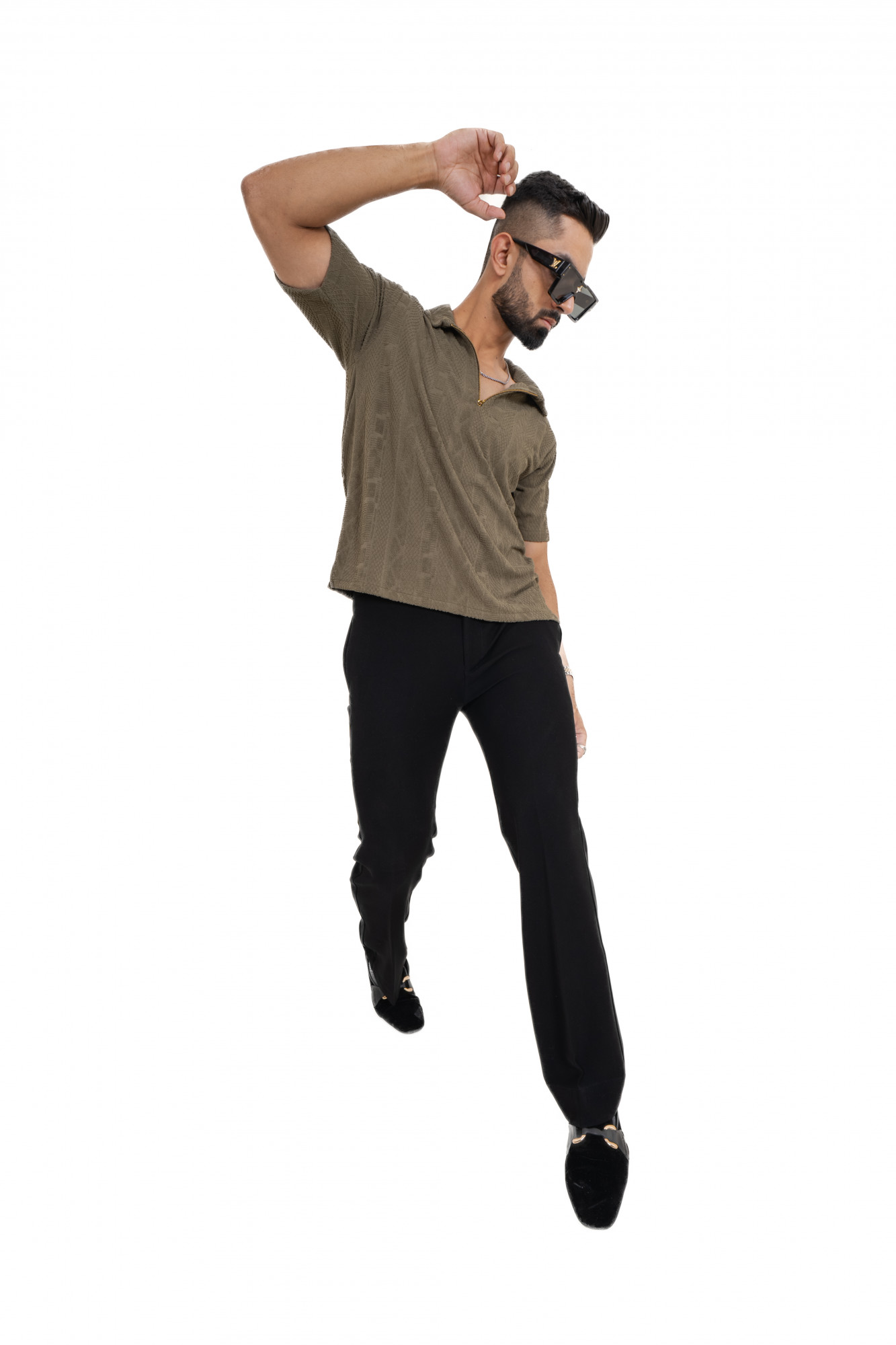 Textured Polo Zipper In Olive