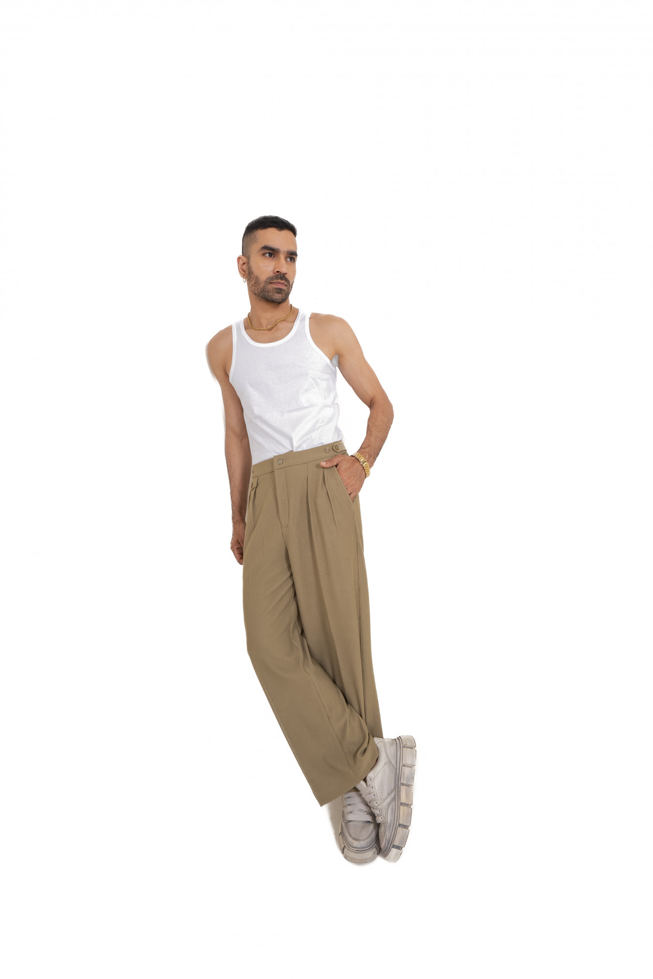 Striped Korean Pants In Olive