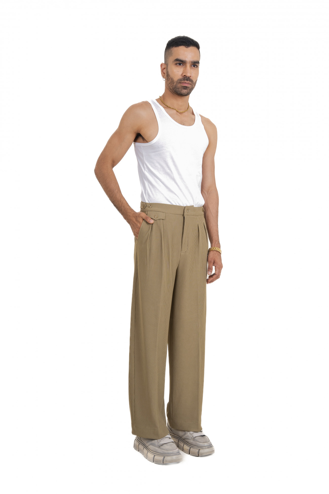 Striped Korean Pants In Olive
