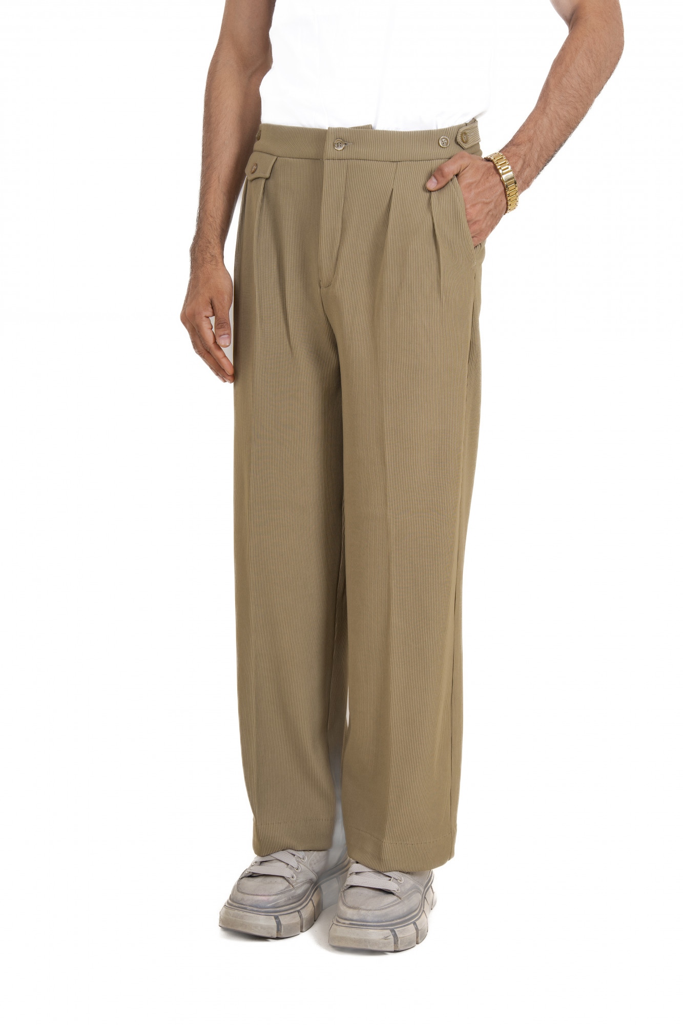 Striped Korean Pants In Olive