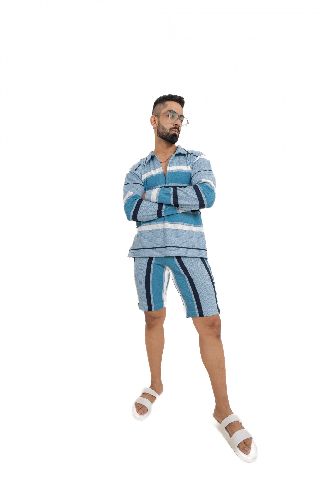 Striped Polo Coord Set In Blue