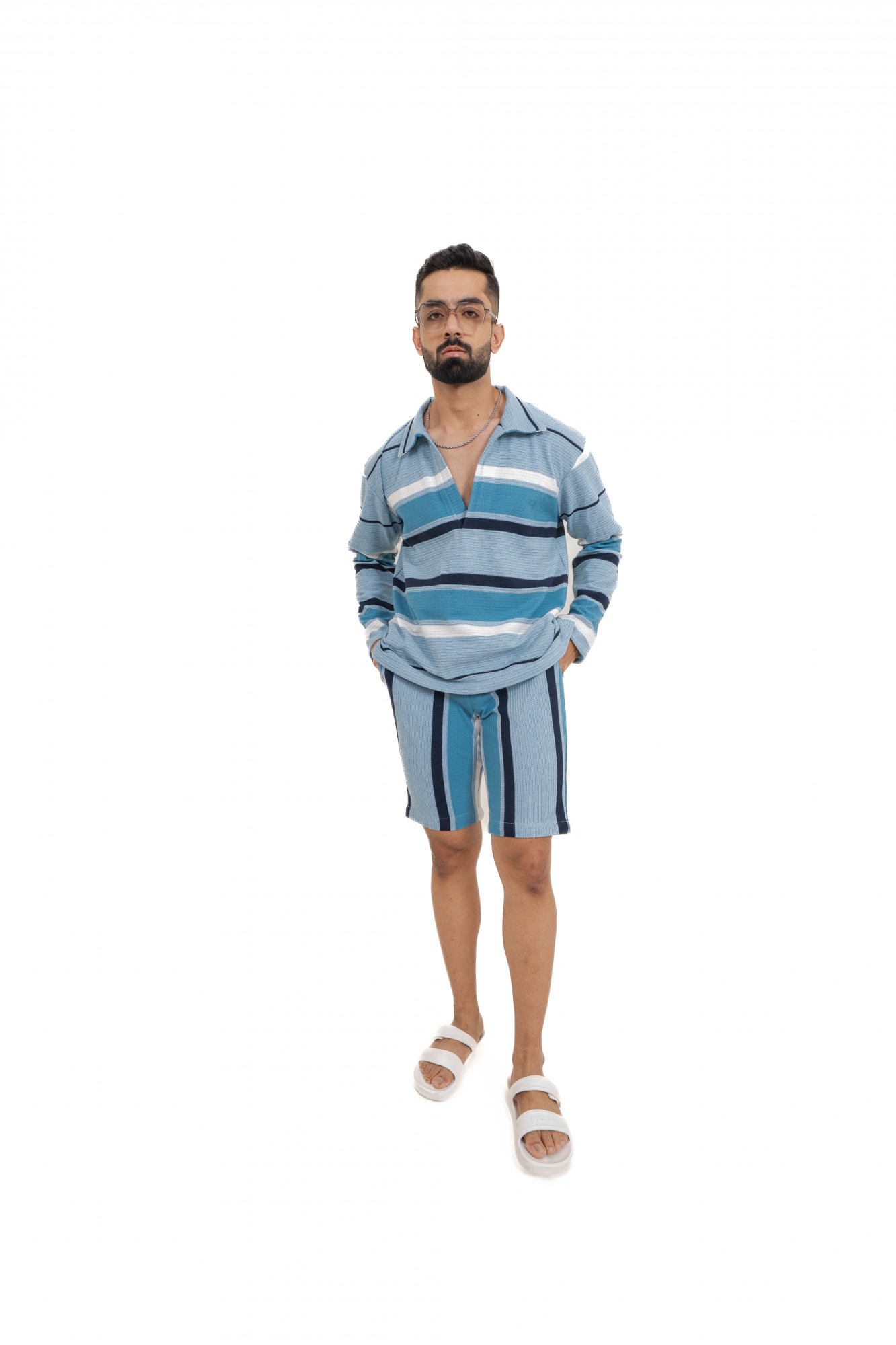 Striped Polo Coord Set In Blue