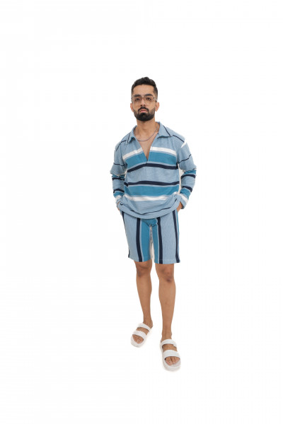 Striped Polo Coord Set In Blue