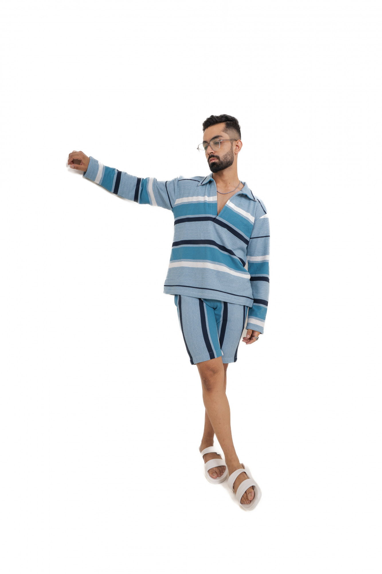 Striped Polo Coord Set In Blue