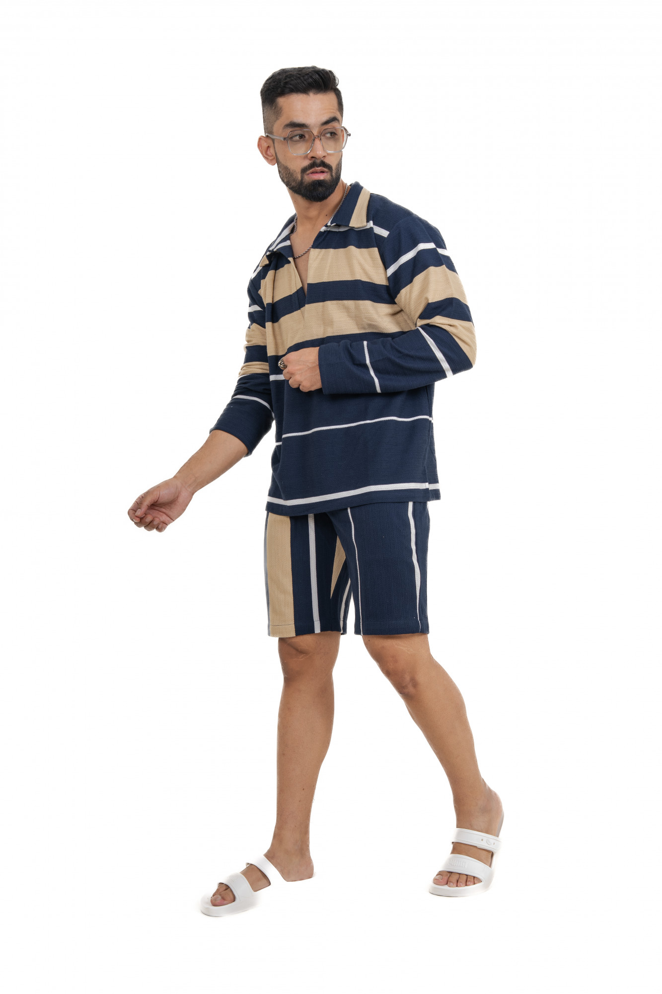 Striped Polo Coord Set In Cream-Blue