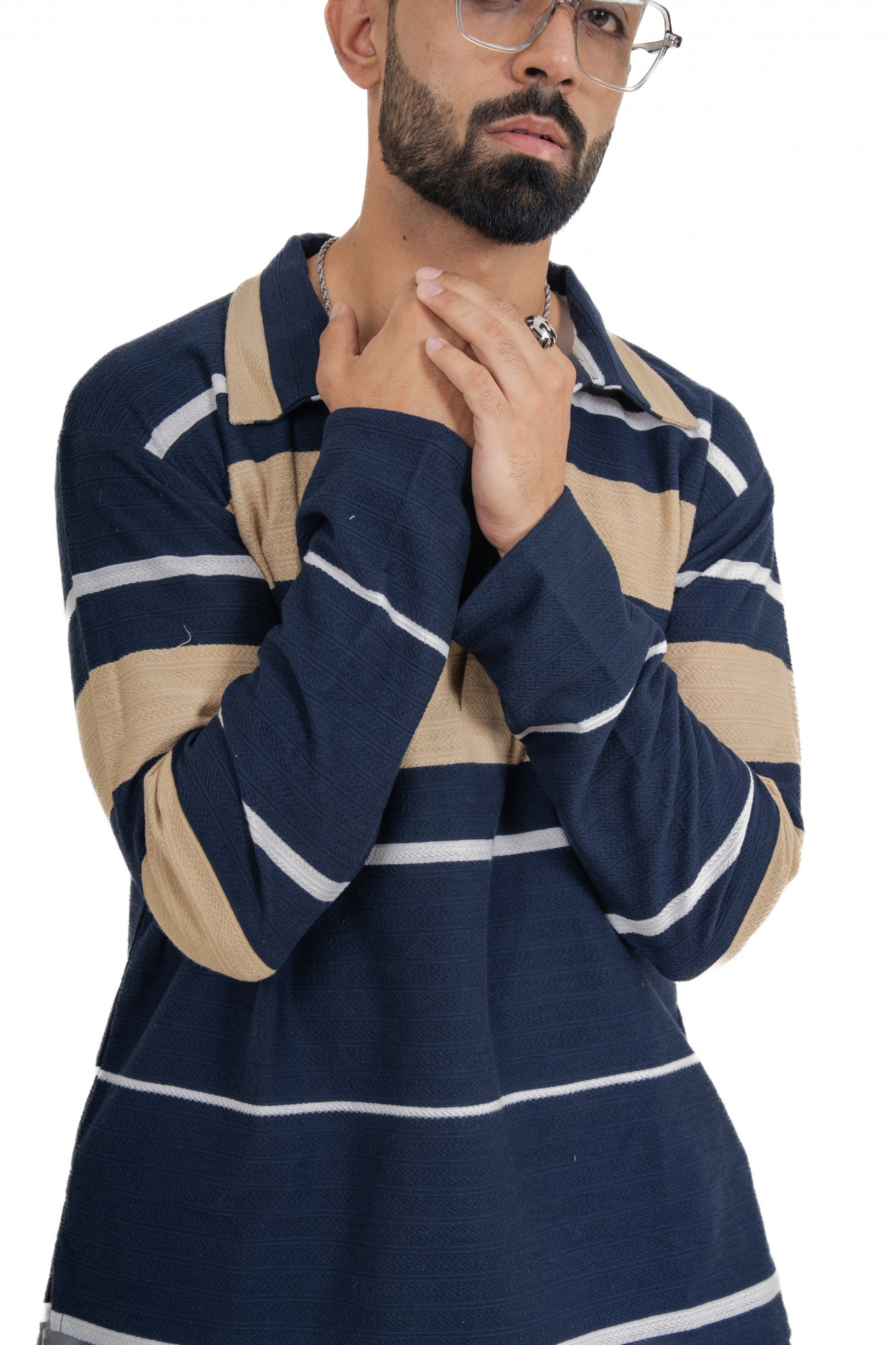 Striped Polo Coord Set In Cream-Blue