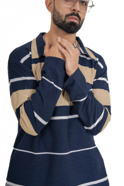 Striped Polo Coord Set In Cream-Blue