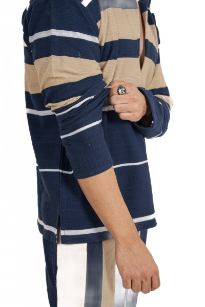 Striped Polo Coord Set In Cream-Blue