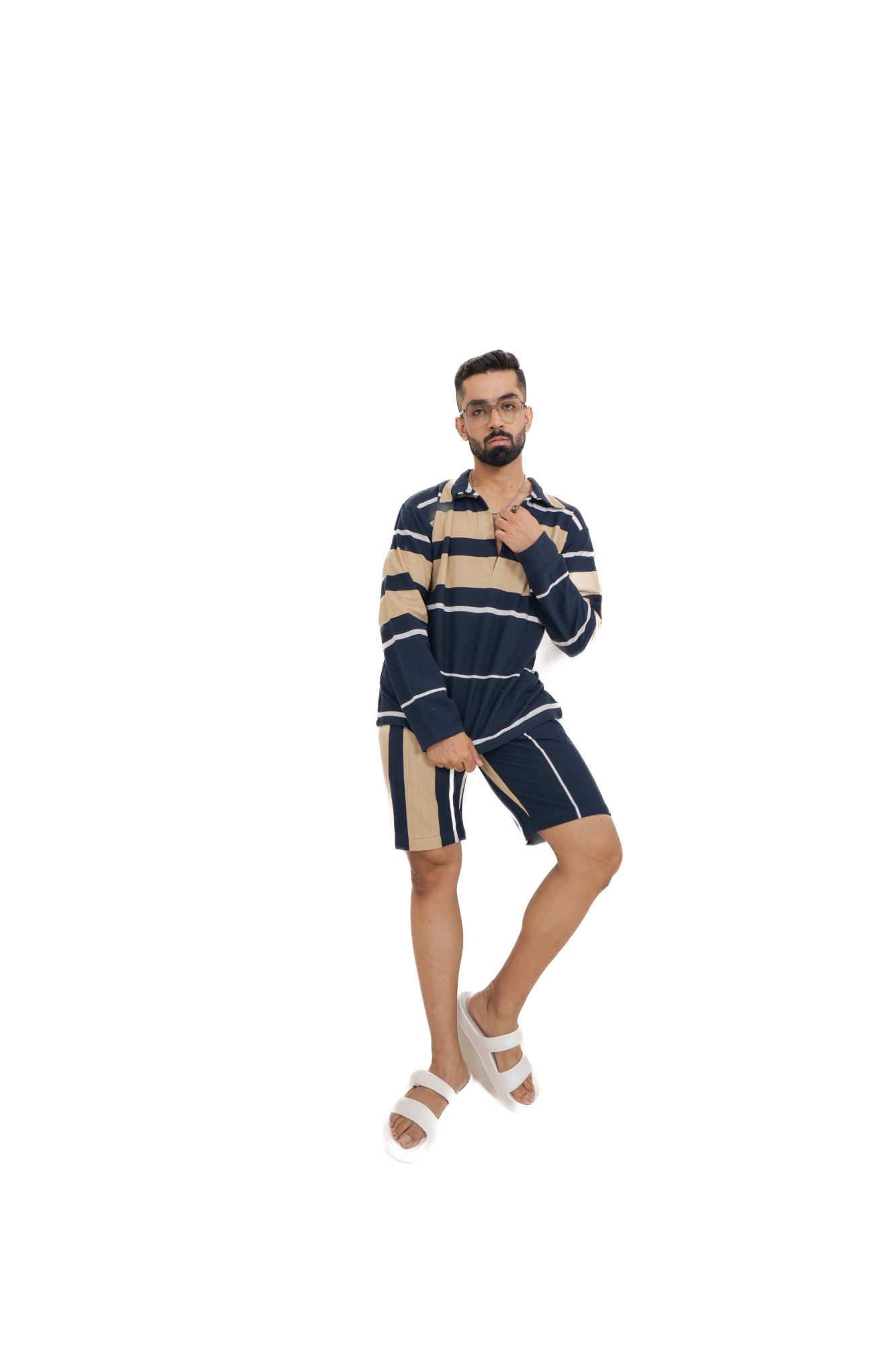 Striped Polo Coord Set In Cream-Blue