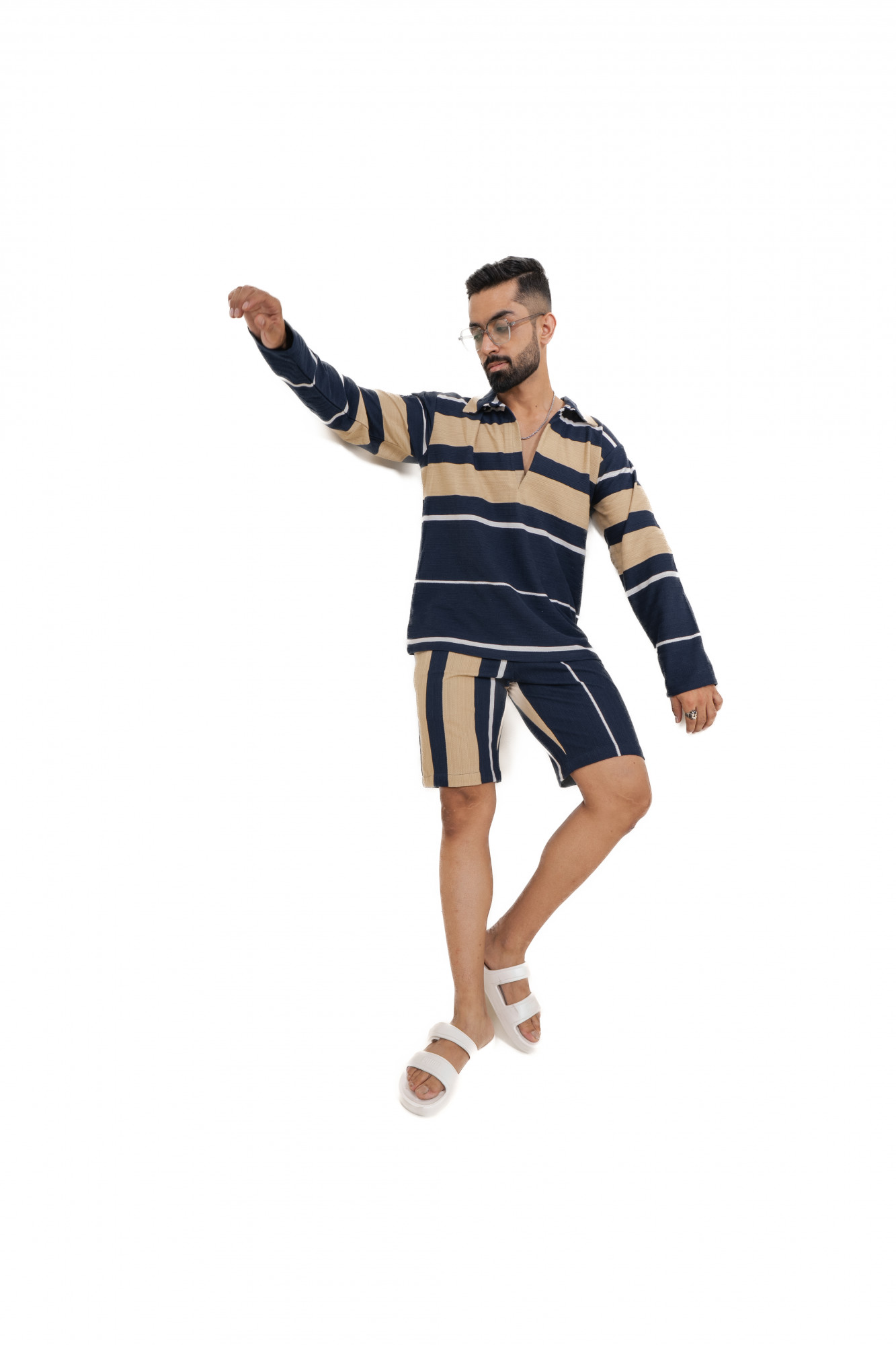Striped Polo Coord Set In Cream-Blue