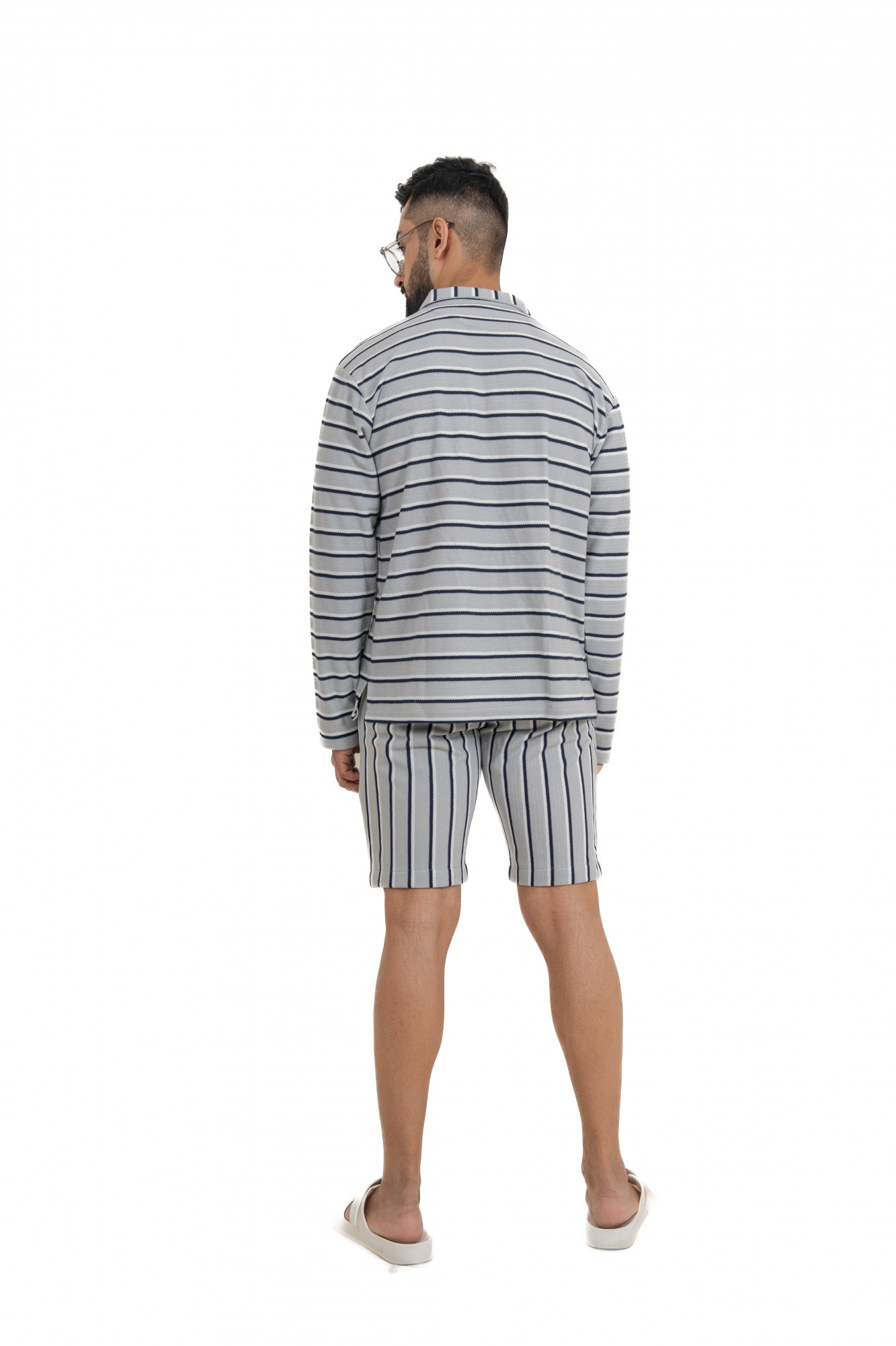 Striped Polo Coord Set In Grey