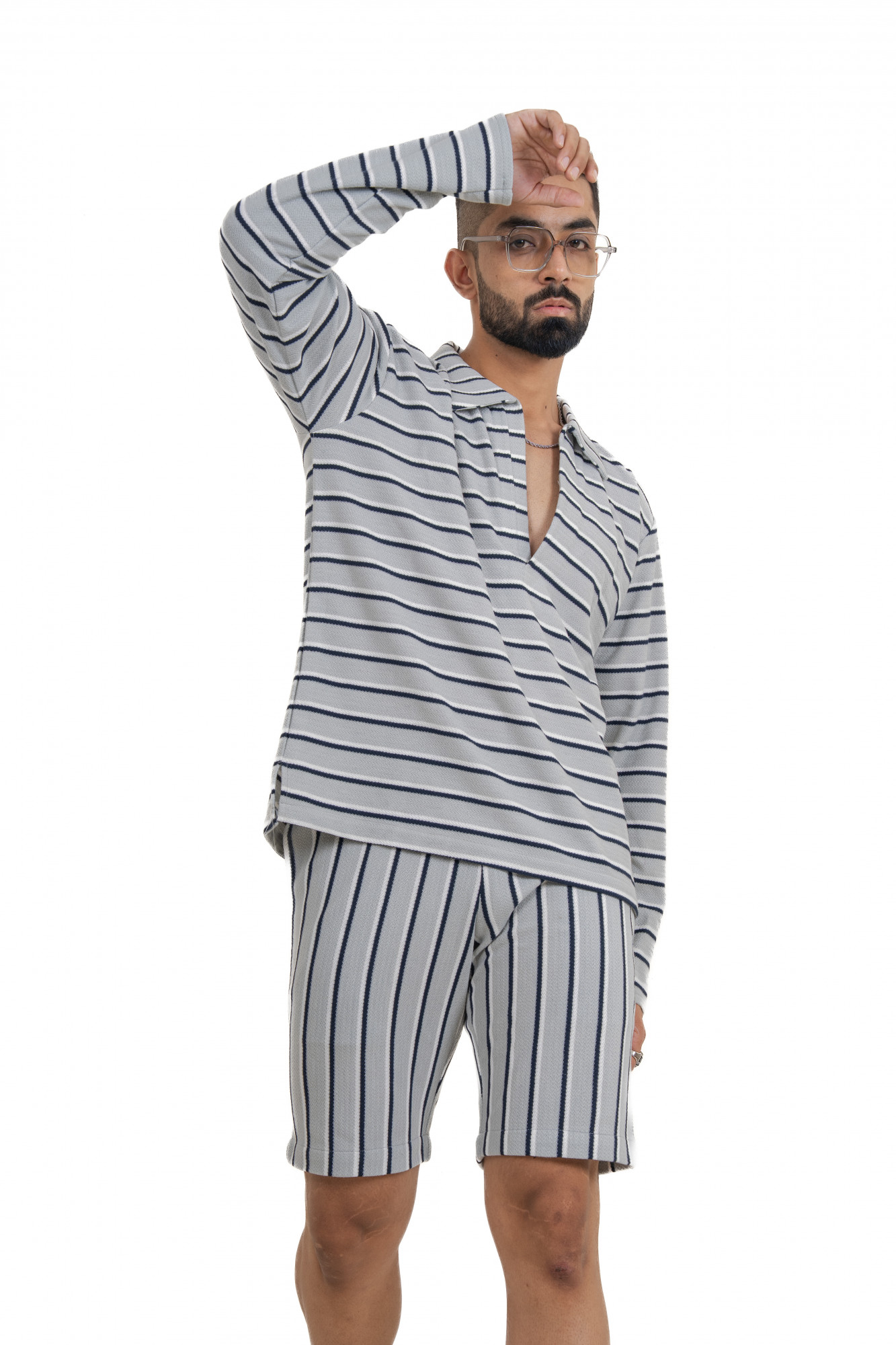 Striped Polo Coord Set In Grey