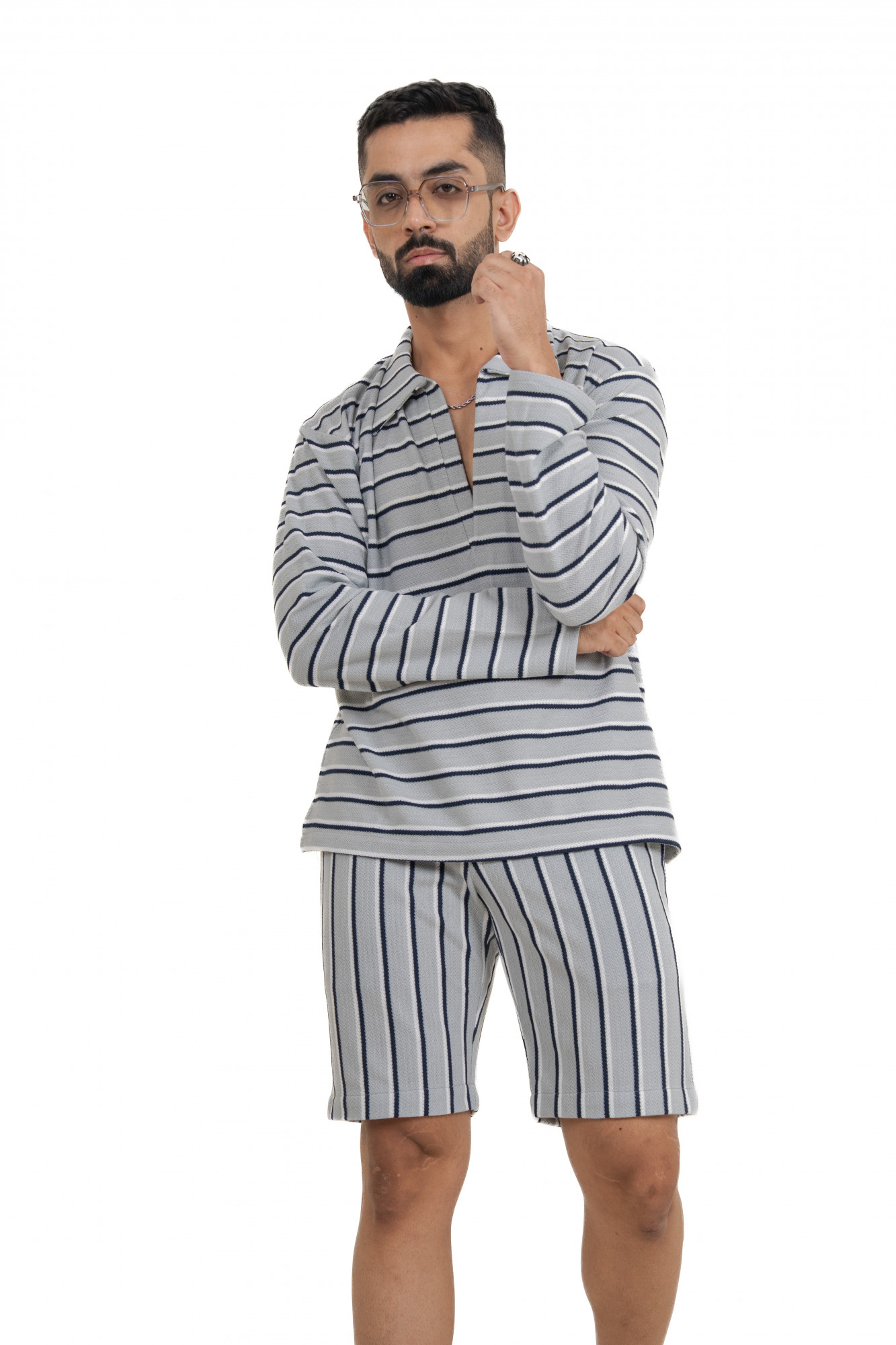 Striped Polo Coord Set In Grey