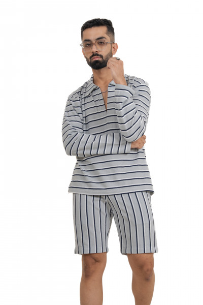 Striped Polo Coord Set In Grey